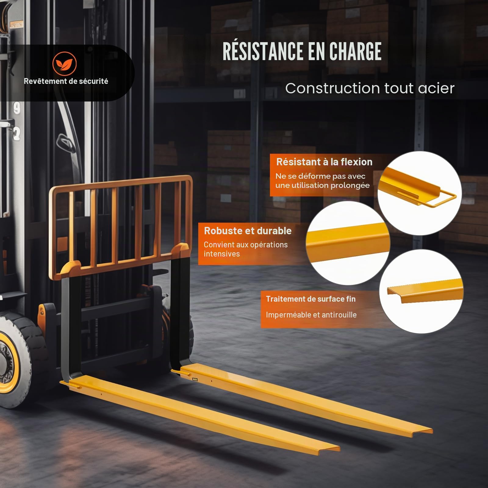 VEVOR Rallonges de Fourches à Palette 1820x140 mm Extensions de Fourche pour Chariot Élévateur Industriel 1 Paire Acier au Carbone Robuste pour Déplacer et Transporter Charges Volumineux Lourds, Jaune