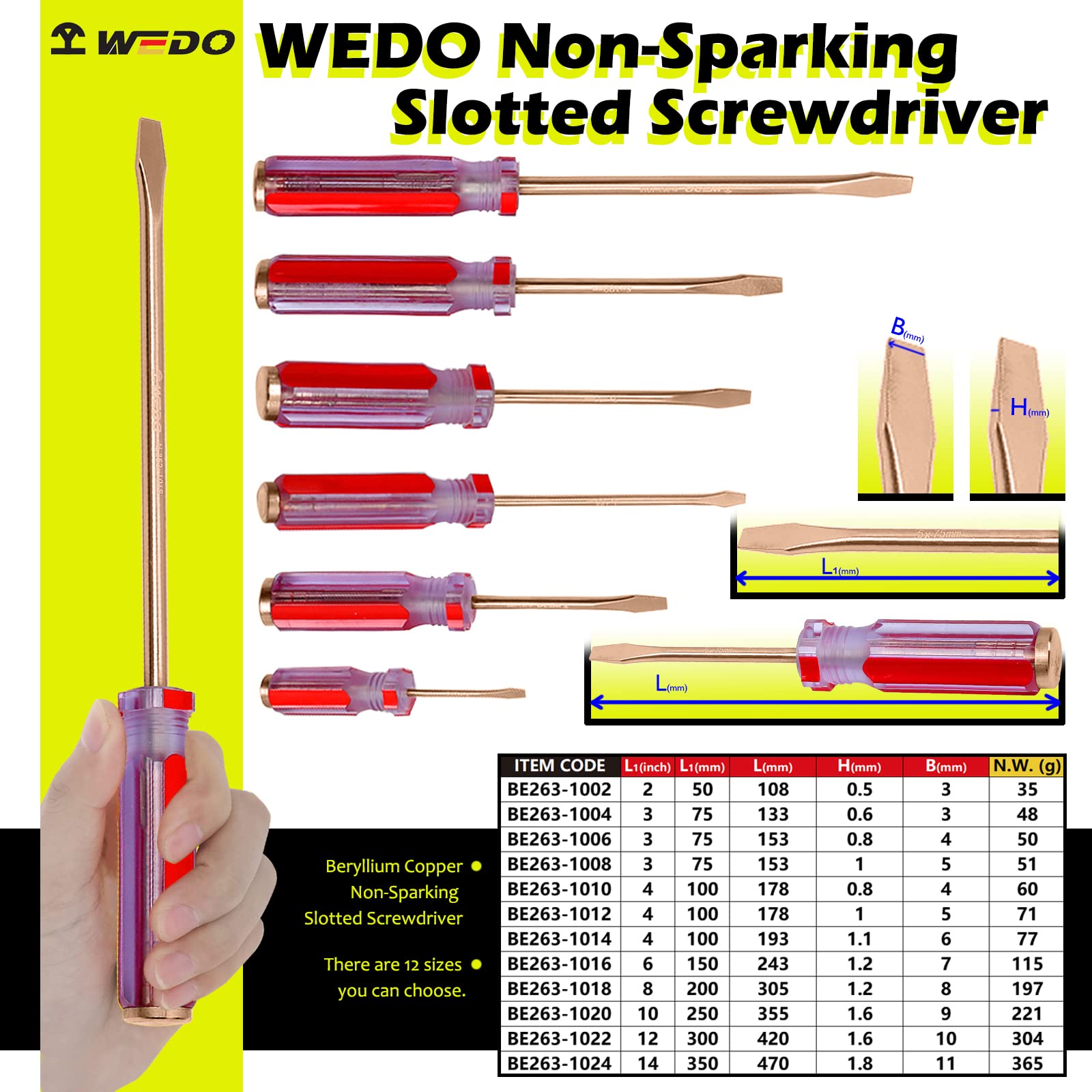 WEDO Destornillador,Sin Chispas,Destornillador Ranurado,Destornilladores Precisión,Bronce de Berilio,longitud 243 mm,punta 7 mm,Mango Ergonómico,Forja,Certificado BAM