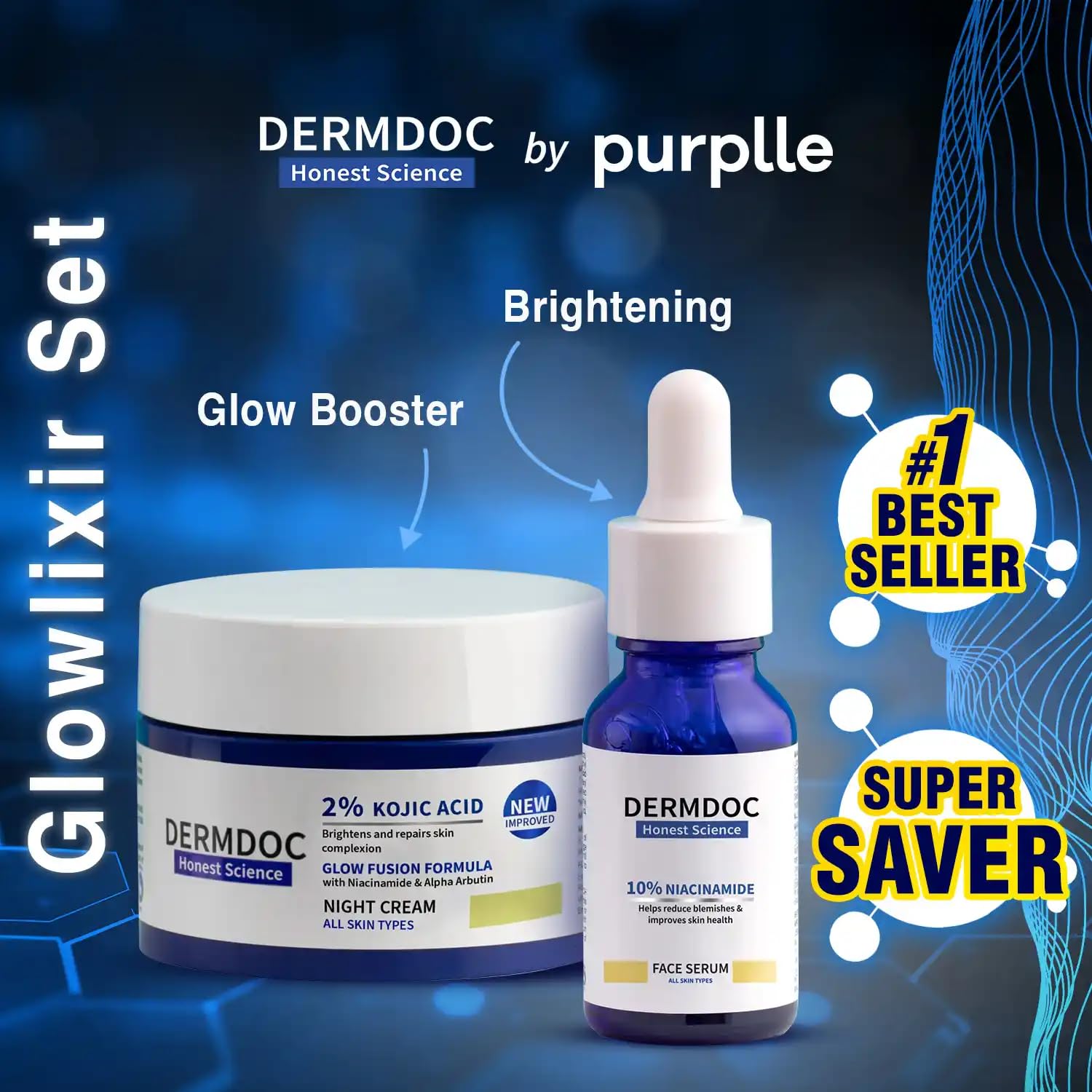 DermDoc Glowlixir Set of 2-10% Niacinamide Face Serum (15ml) & 2% Kojic Acid Night Cream with Niacinamide & Alpha Arbutin (25 g) | Skin Brightening Combo 1