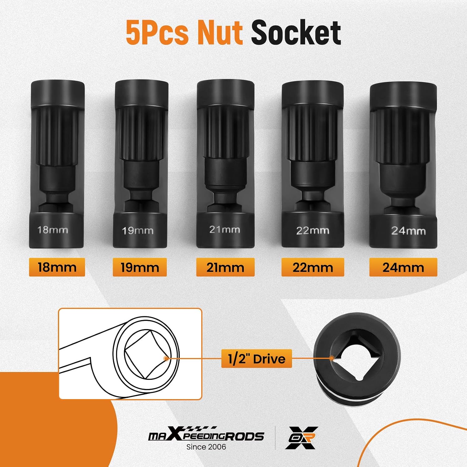 maXpeedingrods 5 PCS Strut Nut Socket 18mm 19mm 21mm 22mm 24mm with 12 Point 1/2" Drive, Suspension Strut Nut Socket Tool for Hex Wrench