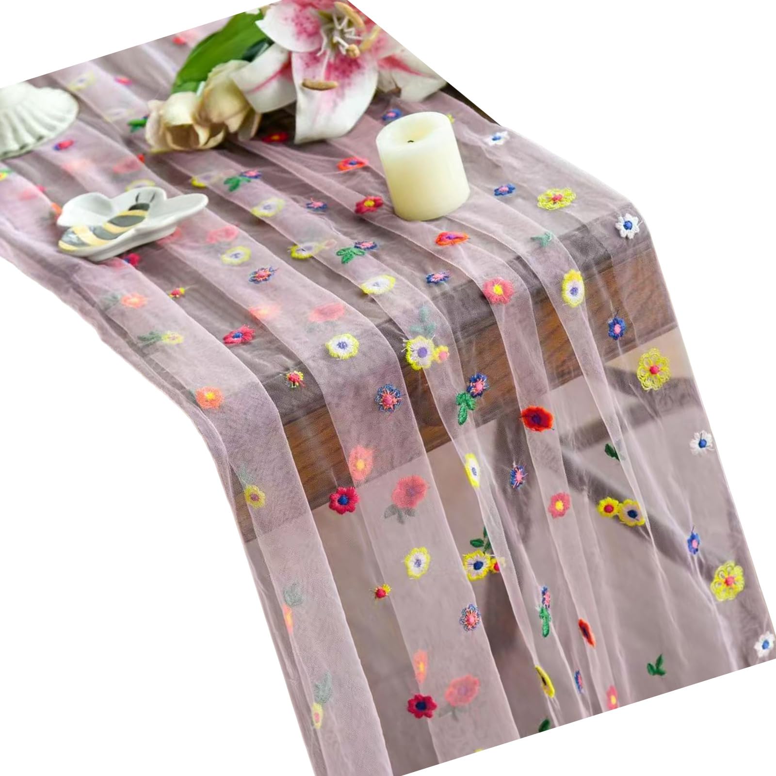 PANGBOER Handcraft Lace Embroidery Tablecloth Vibranting Florals Pattern Polyester Fabric for Dining Decoration Lace Embroidered Tablecloth