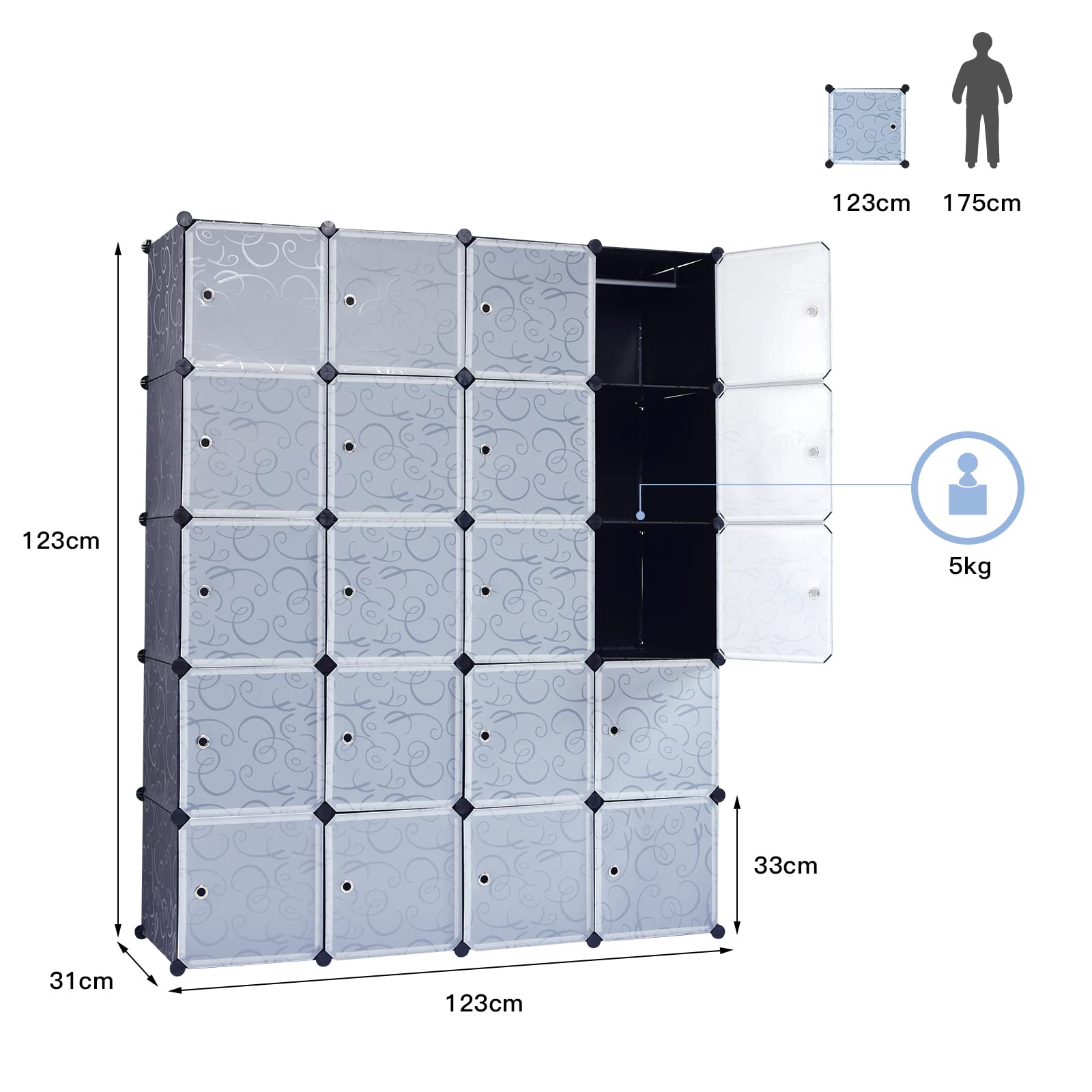 GIANTEX Steckregal Regalsystem mit 20 Würfeln, Kleiderschrank Aufbewahrungsschrank modularer Organizer aus Kunststoff, Würfelregal stapelbar mit Kippsicherung, 145x47x180 cm