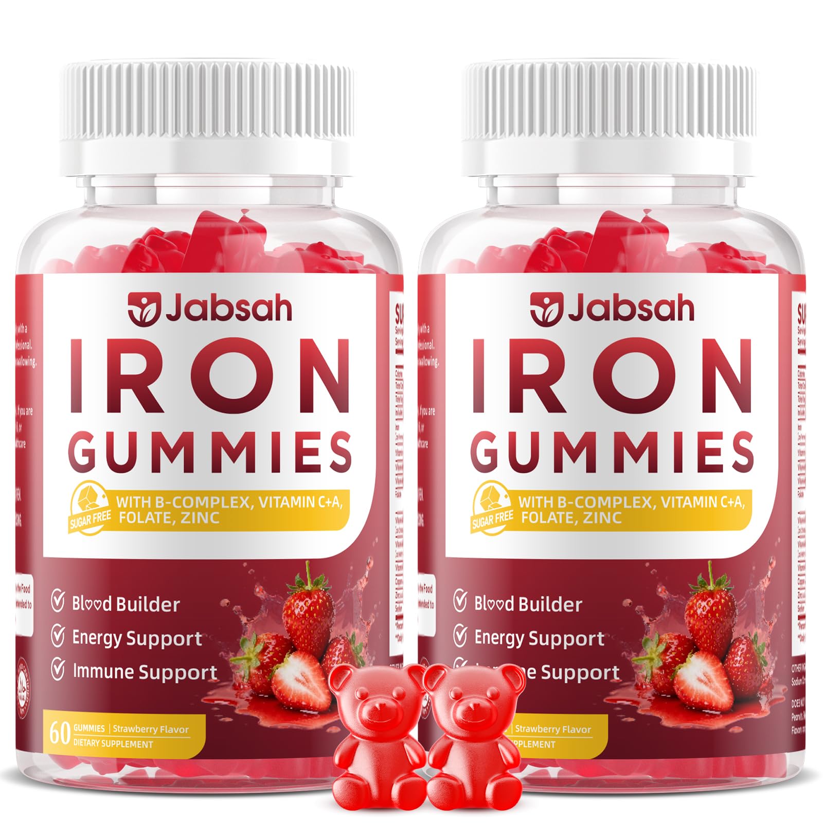 Vegan Iron Gummies for Women & Men, Iron Supplement with B-Complex, Vitamin C, A, Folate for Adults & Kids - Blood Builder & Energy Support & Immune Health - Strawberry Flavor, 120 Gummies 60 Count (Pack of 2)