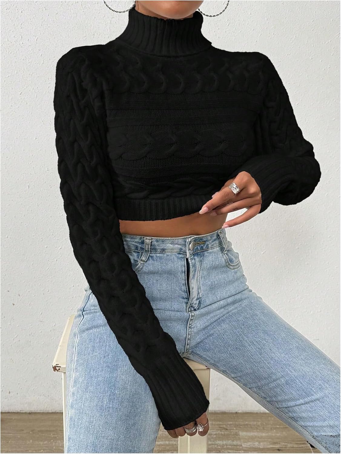 OYOANGLE Women's Cable Knit Turtleneck Sweater Long Sleeve Fitted Cropped Sweaters - Image 5