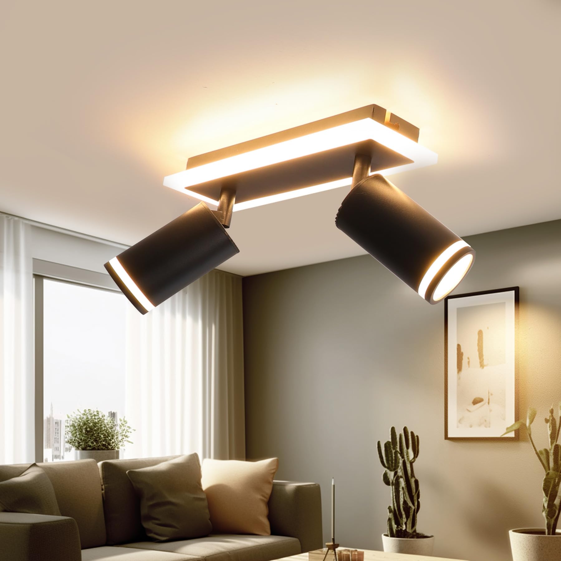 Lámpara de Techo 2 Focos Orientable Negro, Moderno Plafones de Techo con Luz Inferior 8W+ 2x5W GU10, Blanco Cálido 3000K, Foco de techo LED Para Cocina, Sala de estar, Dormitorio