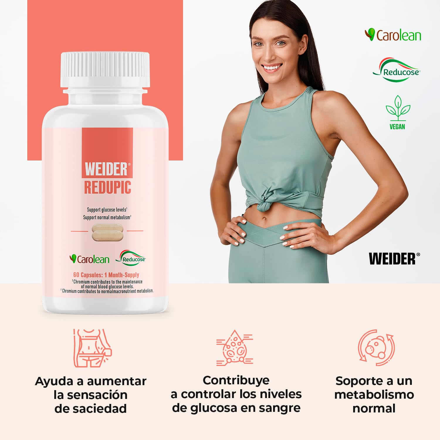 Weider Redupic (60 cápsulas) Ayuda a regular los niveles de glucosa y el apetito | con extractos naturales de Algarrobo y Nopal (Carolean™) y Morera blanca (Reducose®), con Cromo, 30 porciones
