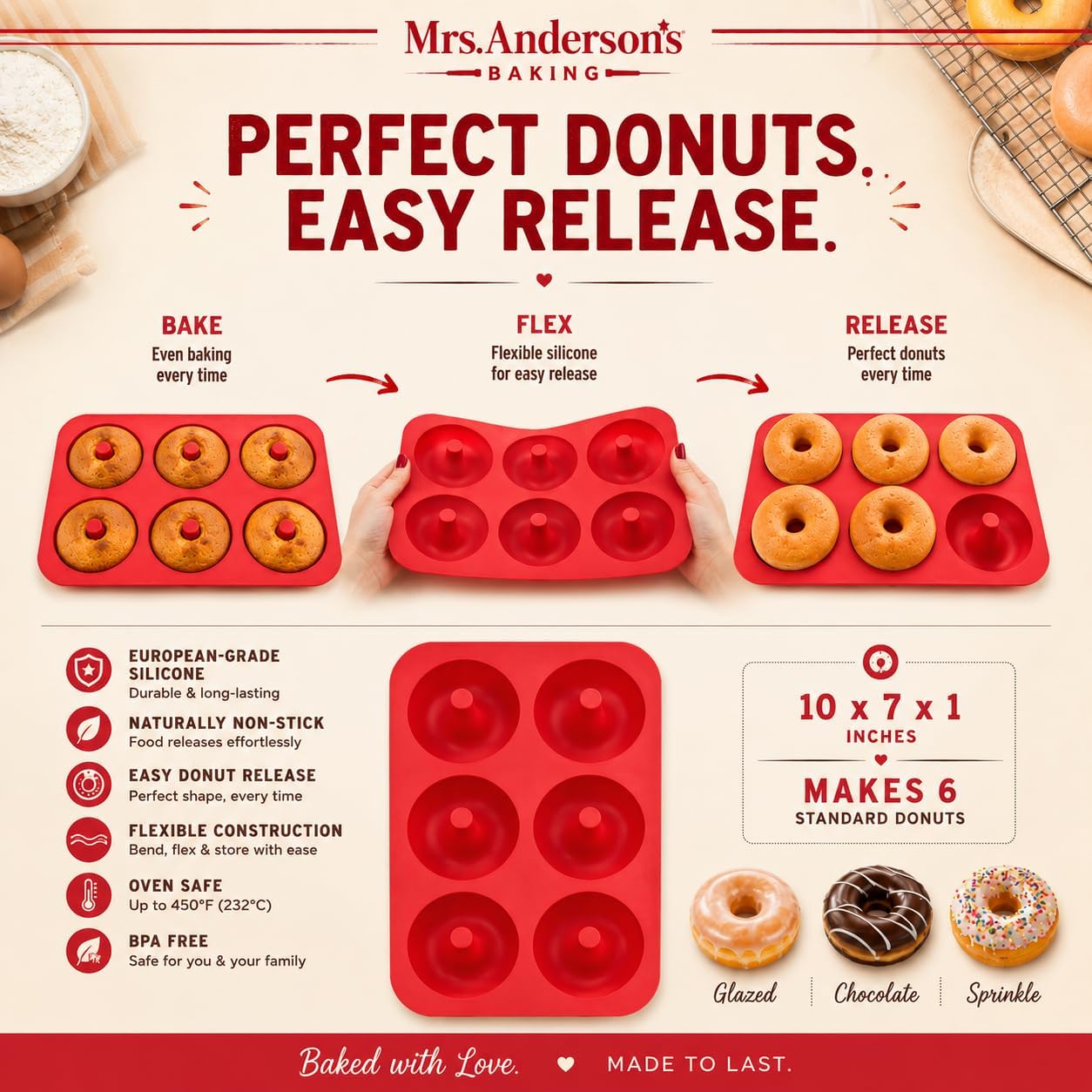 Mrs. Anderson's Baking Silicone Donut Pan, 6 Cup, European-Grade Silicone Bakeware, For Donuts And Dessert Rings