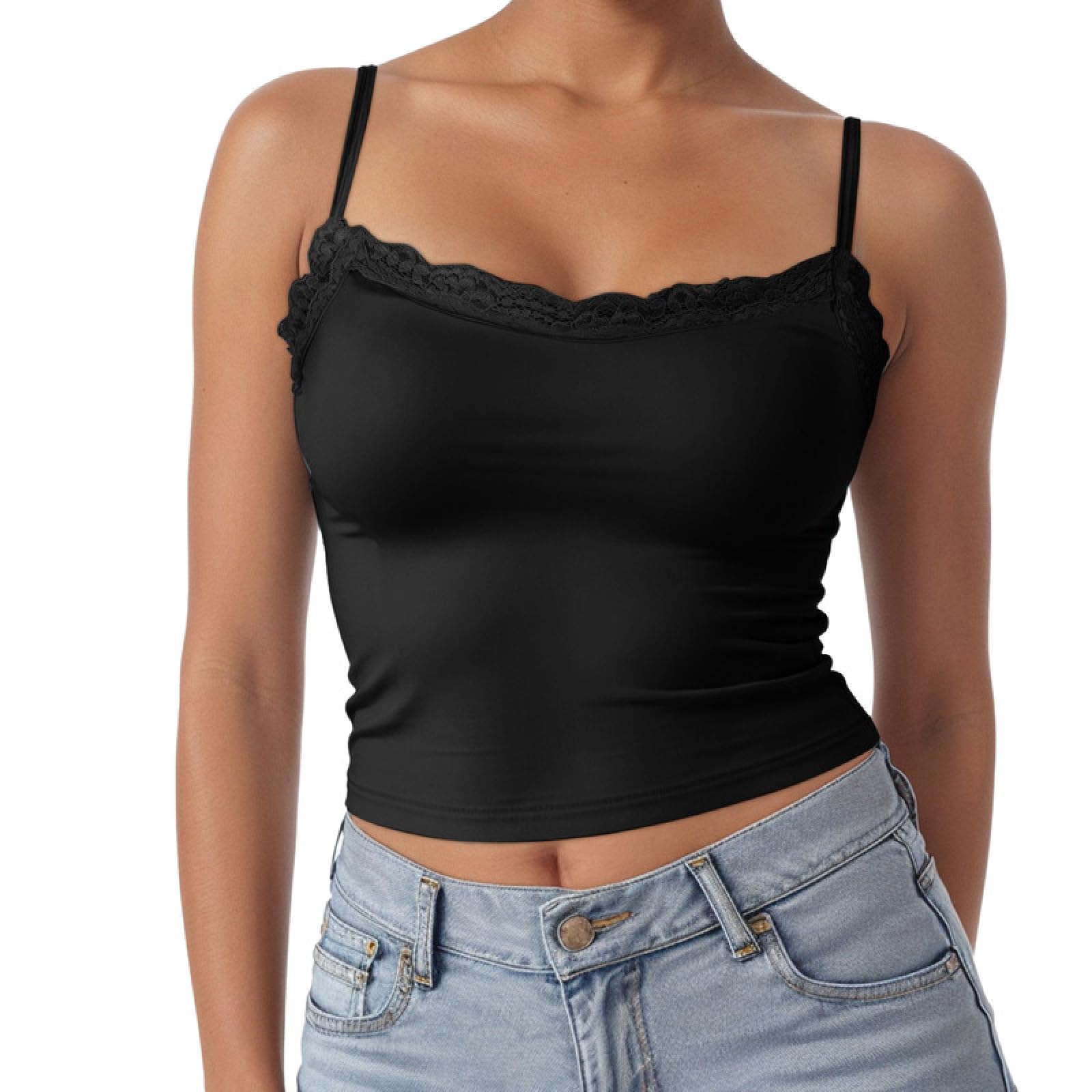 OFFSUM Canotta Estiva Da Donna - Top Sexy In Pizzo Ricamato Con Patchwork Estivo In Cotone Vestibilità Attillata Senza Maniche Tinta Unita Con Spalline Sottili Stile Streetwear