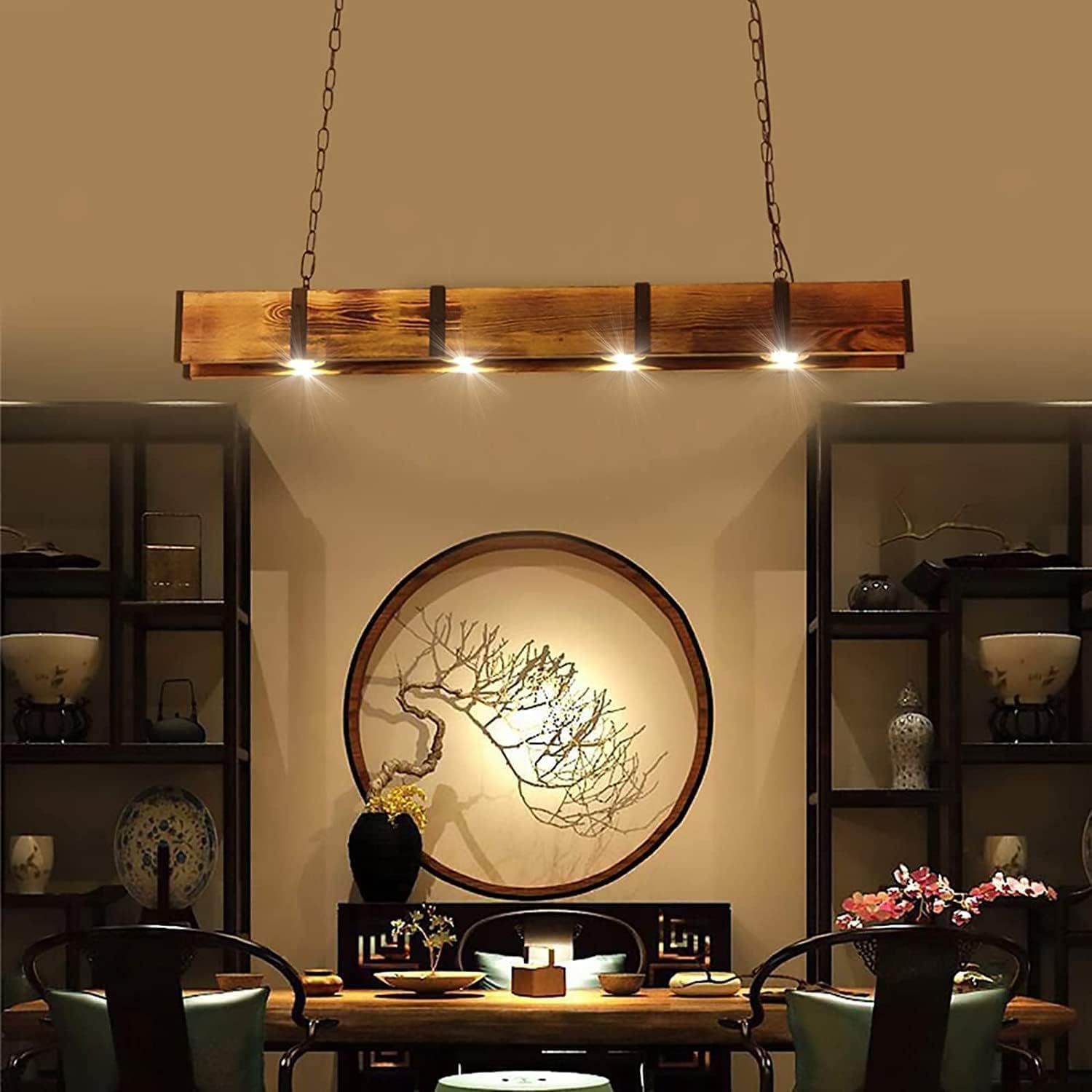 Lampada a Sospensione lineare a LED in Legno da 39", Isola Cucina, 4 luci, Stile Rustico, Fattoria, Vintage, Industriale, lampadario a Sospensione per Sala da Pranzo, Tavolo da bil