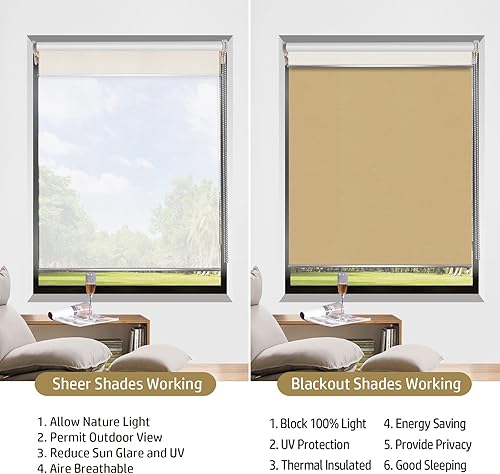 Miniatura 5 de SUAKY Persianas enrollables dobles para ventana, persianas dobles personalizadas, opacas y filtrantes de luz, persianas de ventana de día y noche