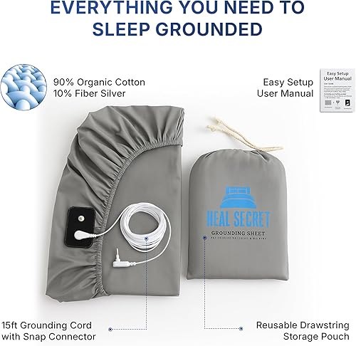 Miniatura 2 de Sábana bajera ajustable de alta calidad, 90% algodón orgánico + 10% fibra pura plata, 400 hilos con cable de conexión a tierra para terapia que