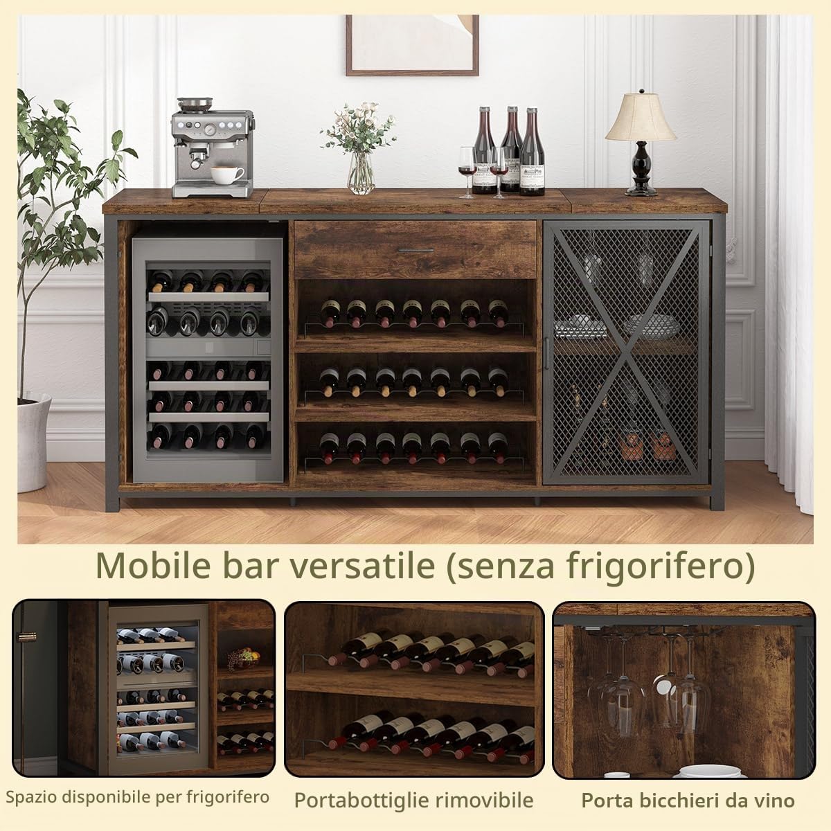 LVB Armadietto da bar per vino con frigorifero, rustico, lungo, con cassetti, per casa di campagna, legno e metallo, con scaffale, credenza per cucina, sala da pranzo, marrone rustico 180 cm