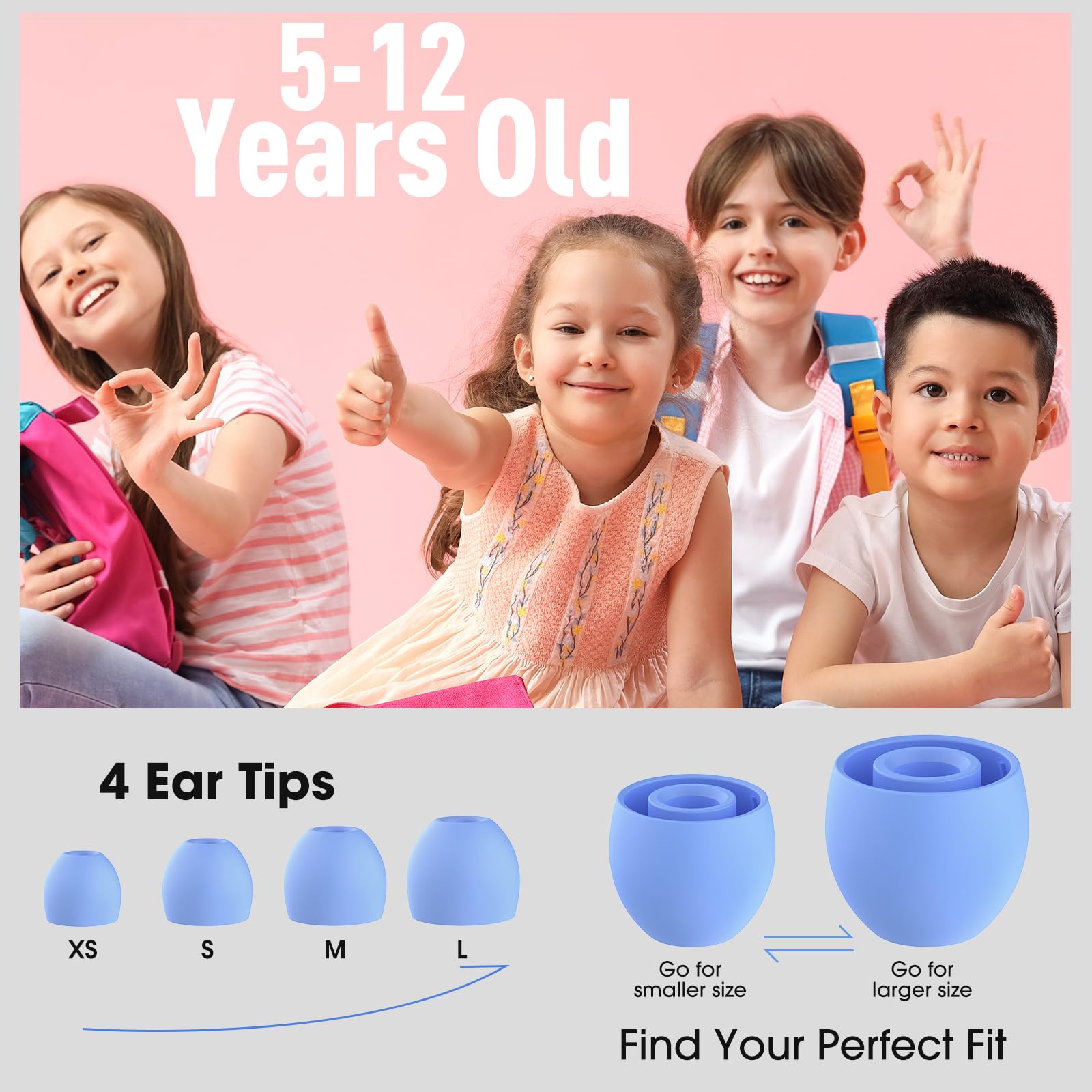 Bouchons d'oreilles pour enfants de 5 à 12 ans, 27 dB, réduction du bruit, bouchons d'oreilles extra petits pour enfants pour la sensibilité au bruit, la socialisation, le sommeil, la concentration, 4
