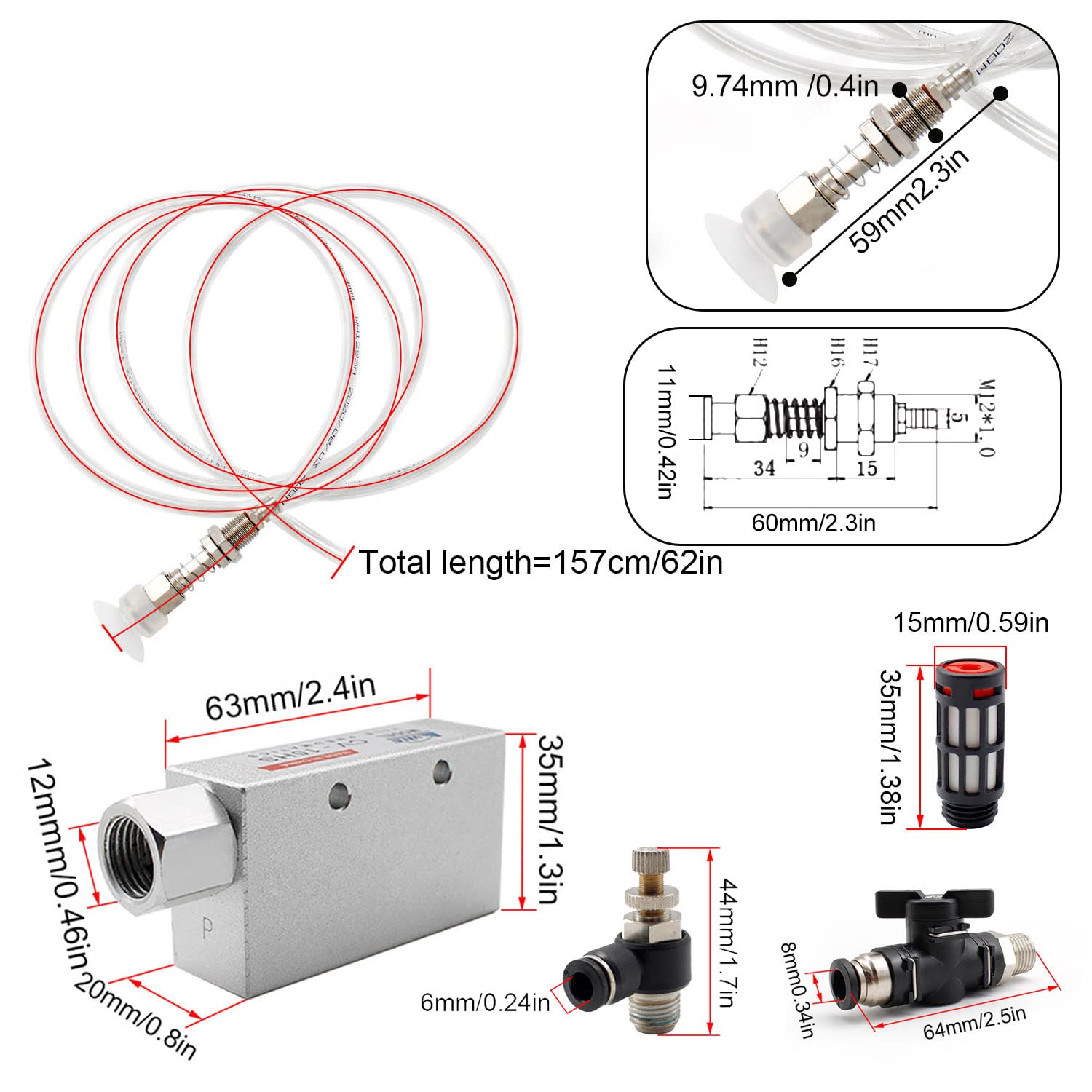 Generatore di Vuoto Pneumatico Tuta, con Silenziatore, Tubo Pneumatico in PU, Ventosa Pneumatica, 1/4" Connettore Pneumatico Accessori per Valvole Meccaniche Pneumatiche Fai Da Te
