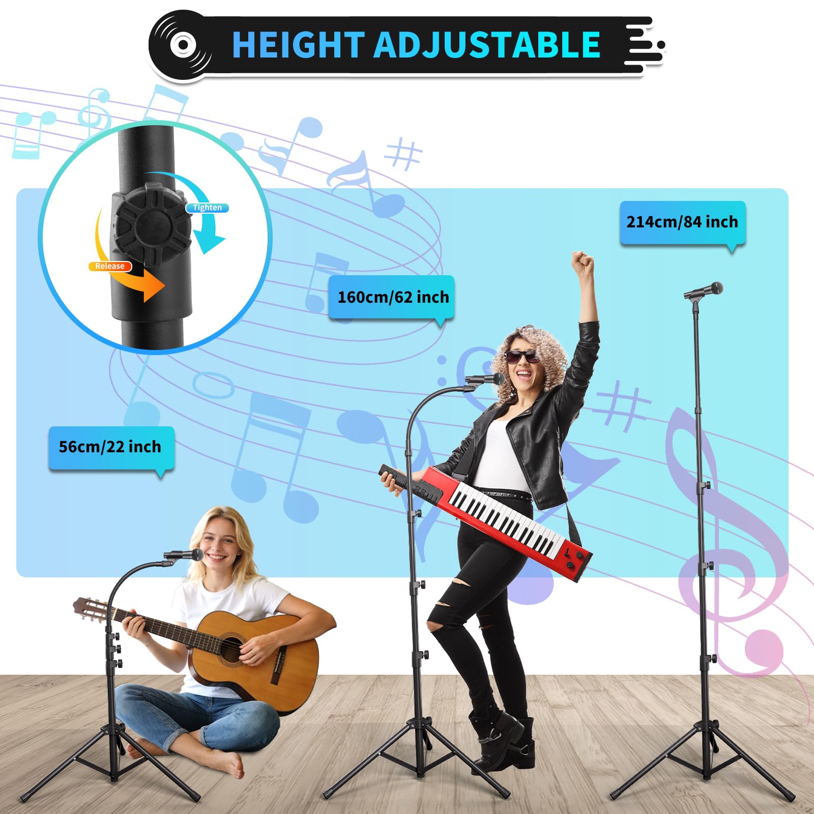 K KASONIC Pied de Microphone à Col de Cygne, Pied de Microphone Réglable avec 2 Supports pour Micro pour la Performance, Pied au Sol pour Micro pour le Chant, Activités de Plein Air