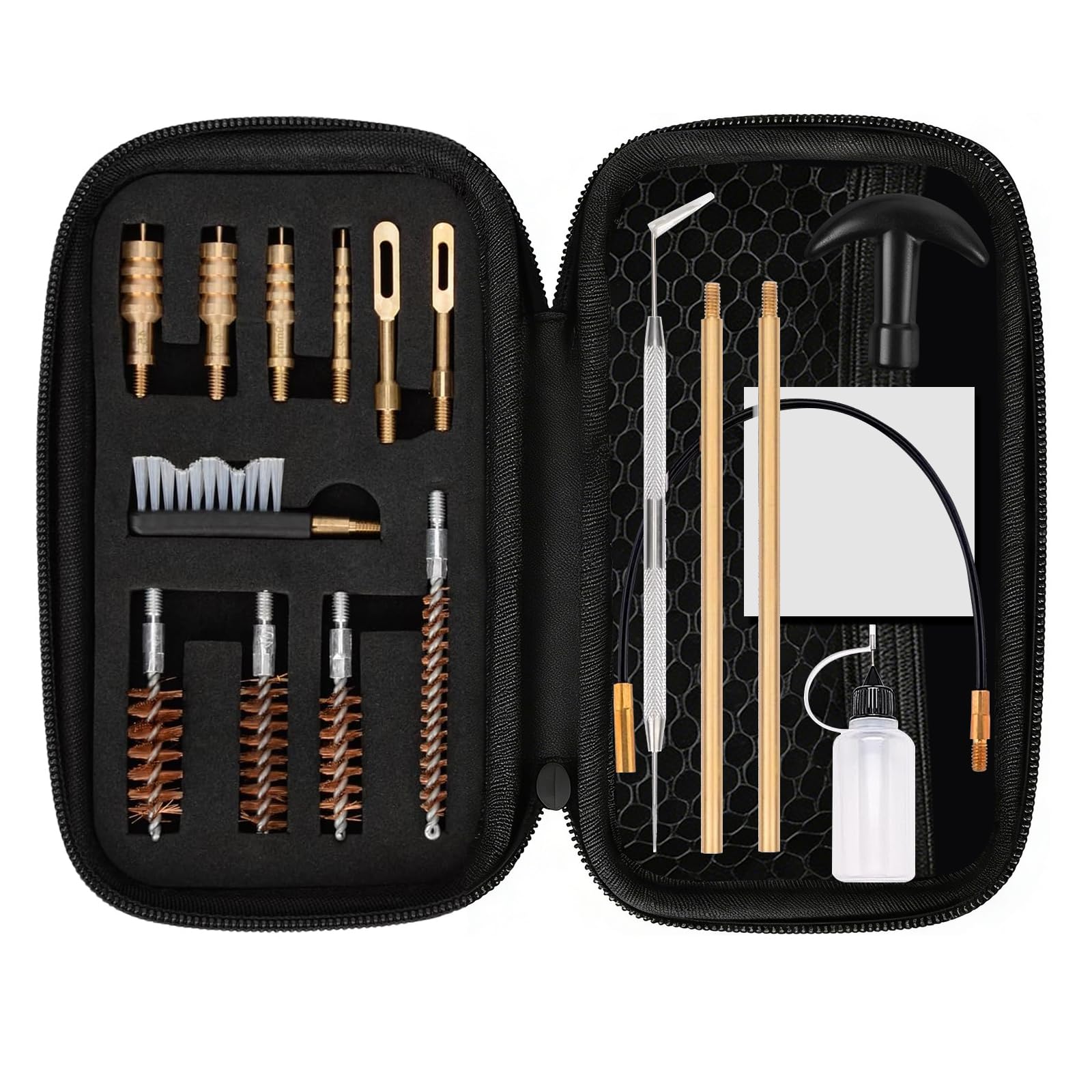 Kit Pulizia Armi Universale 16 Pezzi, Per Calibri .22 .357 .38 9mm .40 .45, Con Spazzole in Bronzo Fosforoso & Adattatori Ottone, Set di Pulizia per Pistole