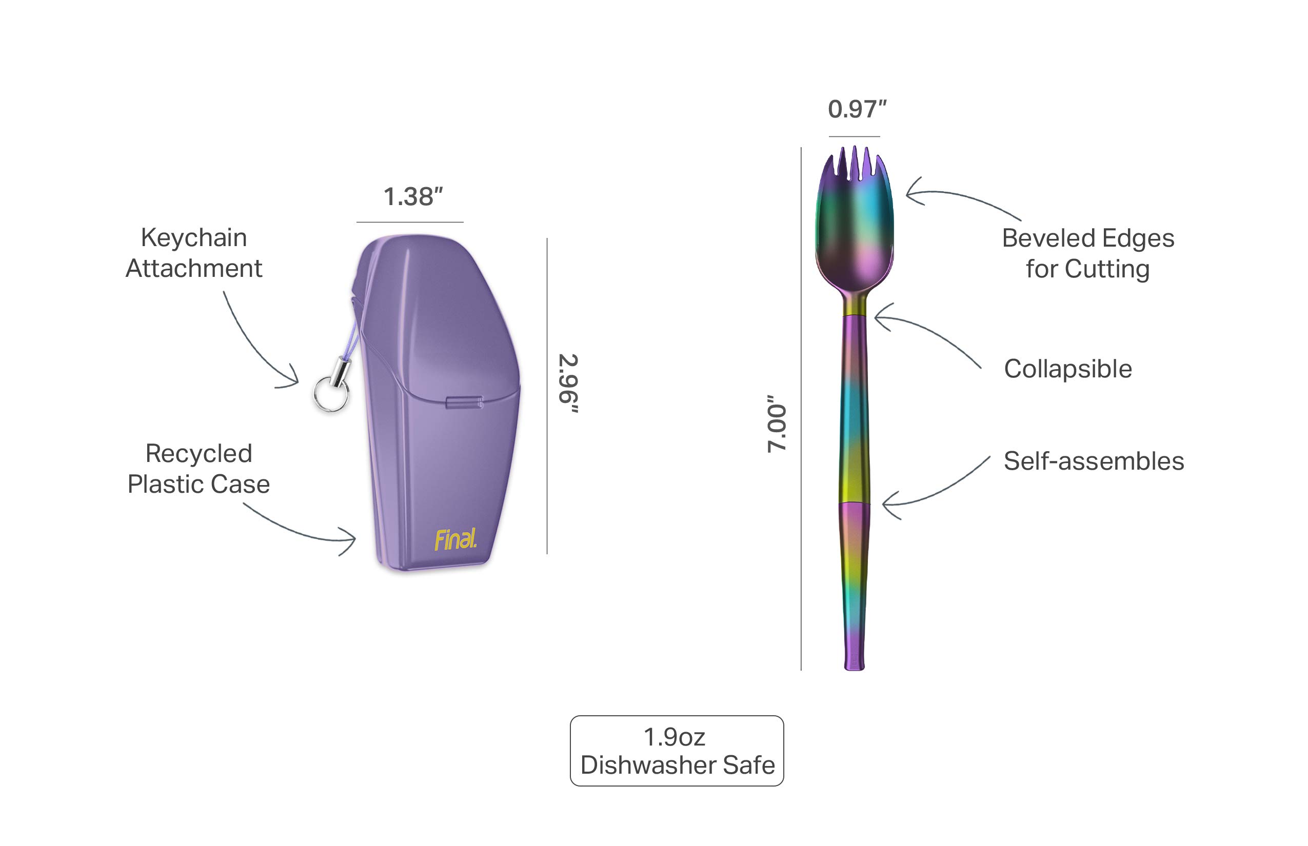FinalSpork zusammenklappbarer, wiederverwendbarer Metall-Göffel mit Reiseetui | Taschenformat | Edelstahl & Platin-Silikon | Umweltfreundlich | Porpoise-Ful Purple Case Rainbow Göffel