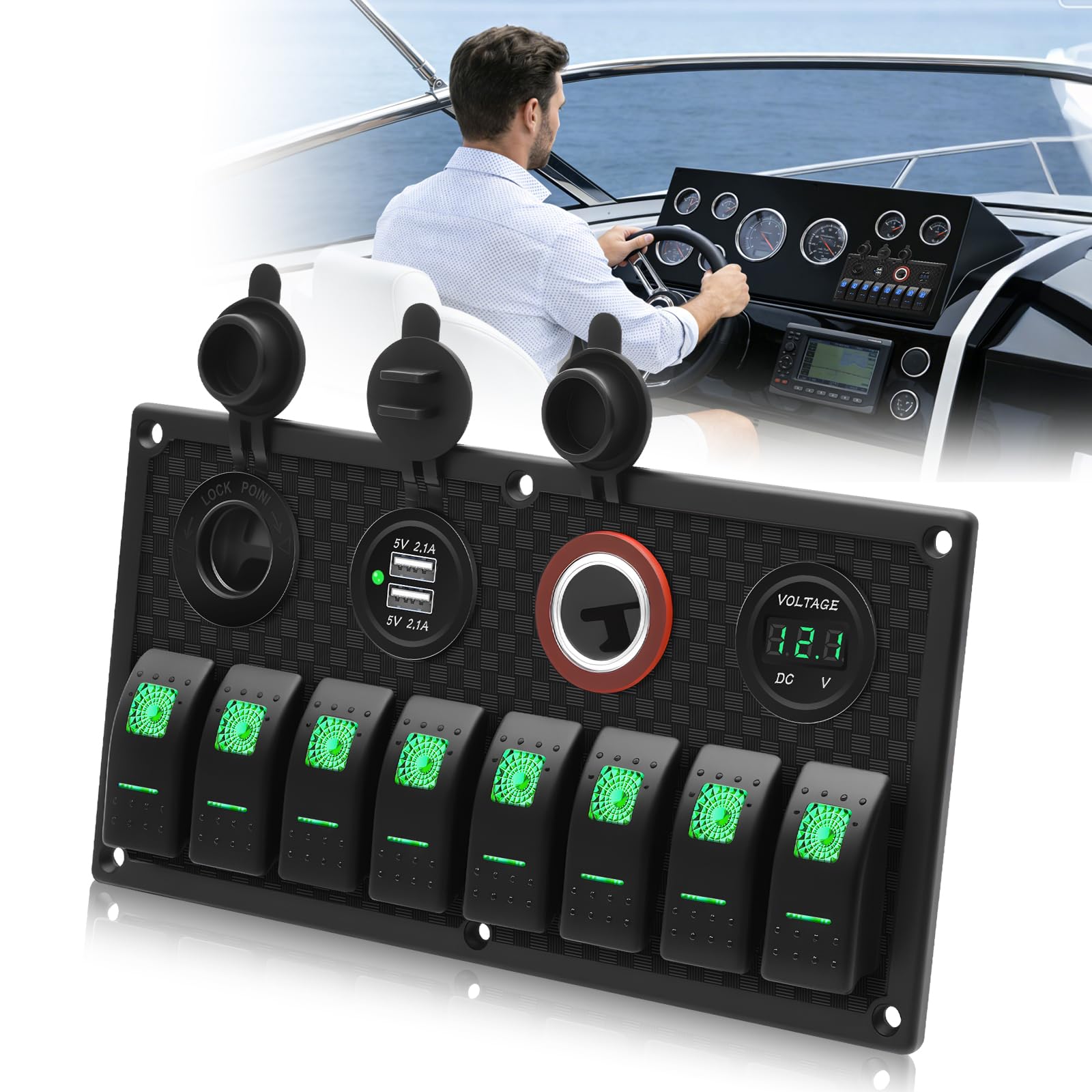 Geloo 8 Gang Marine Rocker Switch Panel, Boat Switch Panel Waterproof, 12V Switch Panel Toggle Switches Panel with LED Circuit Breaker 3.1A USB