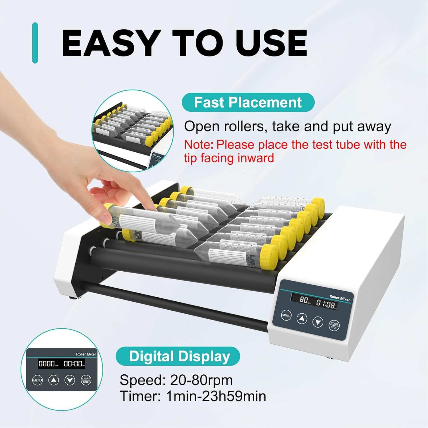 Mezclador digital de tubo, mezclador de vaso de laboratorio, velocidad ajustable 20-80 RPM, temporizador 1min-23h59min, modo continuo, distancia central de rodillos 34 mm, para aplicaciones químicas y