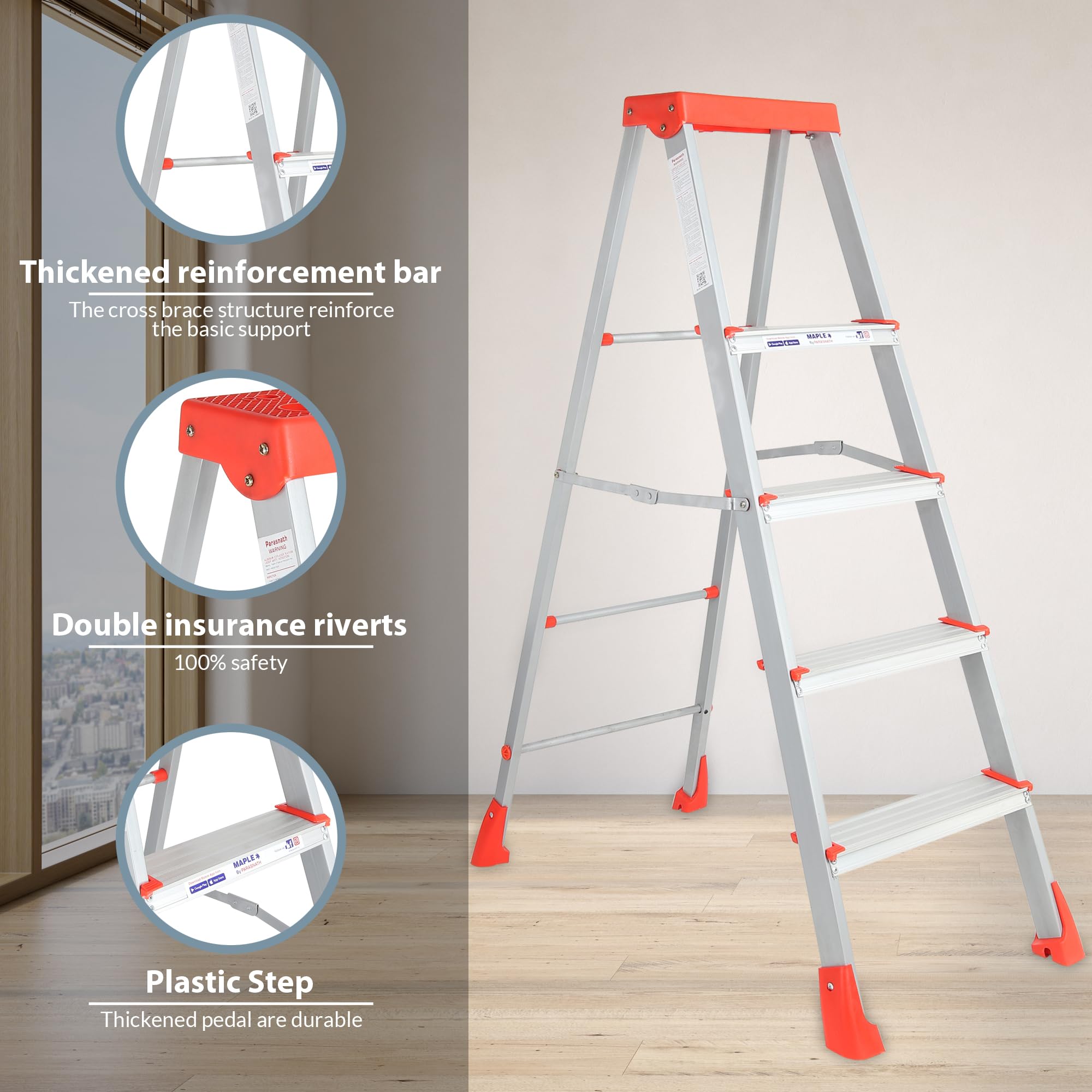 PARASNATH 4-Step EasyDay Ladder Orange Silver | Aluminium Folding Step Ladder with Reliable Steps and Convenient Tool Tray | Durable and Safe | 6-Year Manufacturer Warranty | Made in India 3