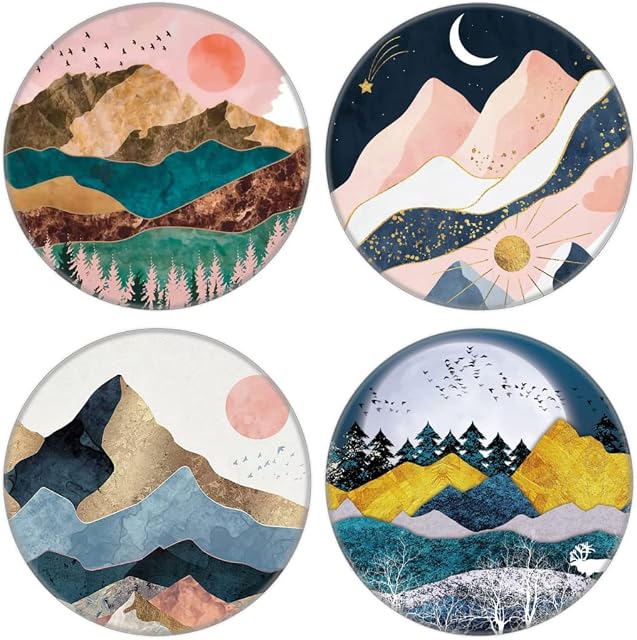 4 Pack Cell Phone StandCollapsible Cellphone Finger Grip Foldable Holder for Phones and Tablets - Rose Gold Pink Mountain Sunset Tree Marble