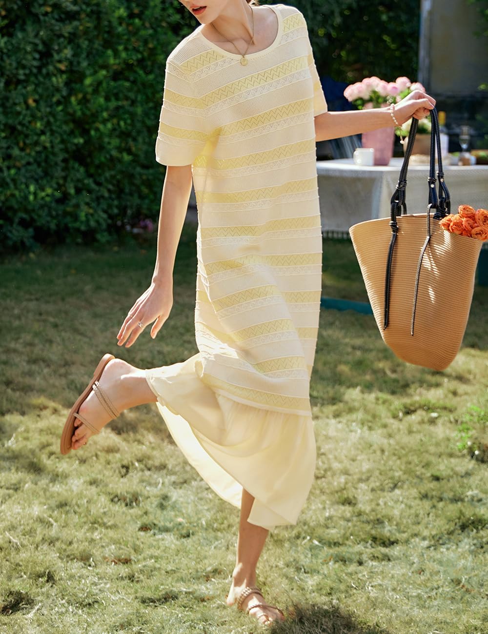 Women's Yellow Striped Knitted Long Dress, Round Neck Short Sleeves Spliced Hem Summer Casual Bohemia Midi Dress - Image 3