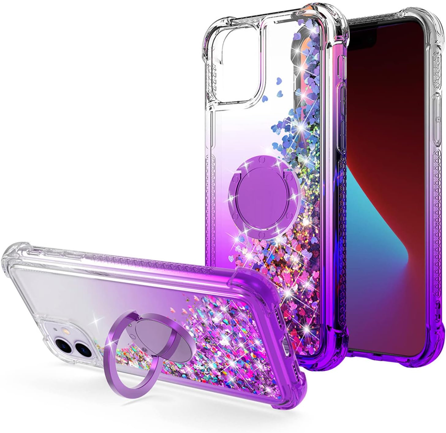 Sparkle Bling Moving Liquid for iPhone 13 Case with Stand,Purple