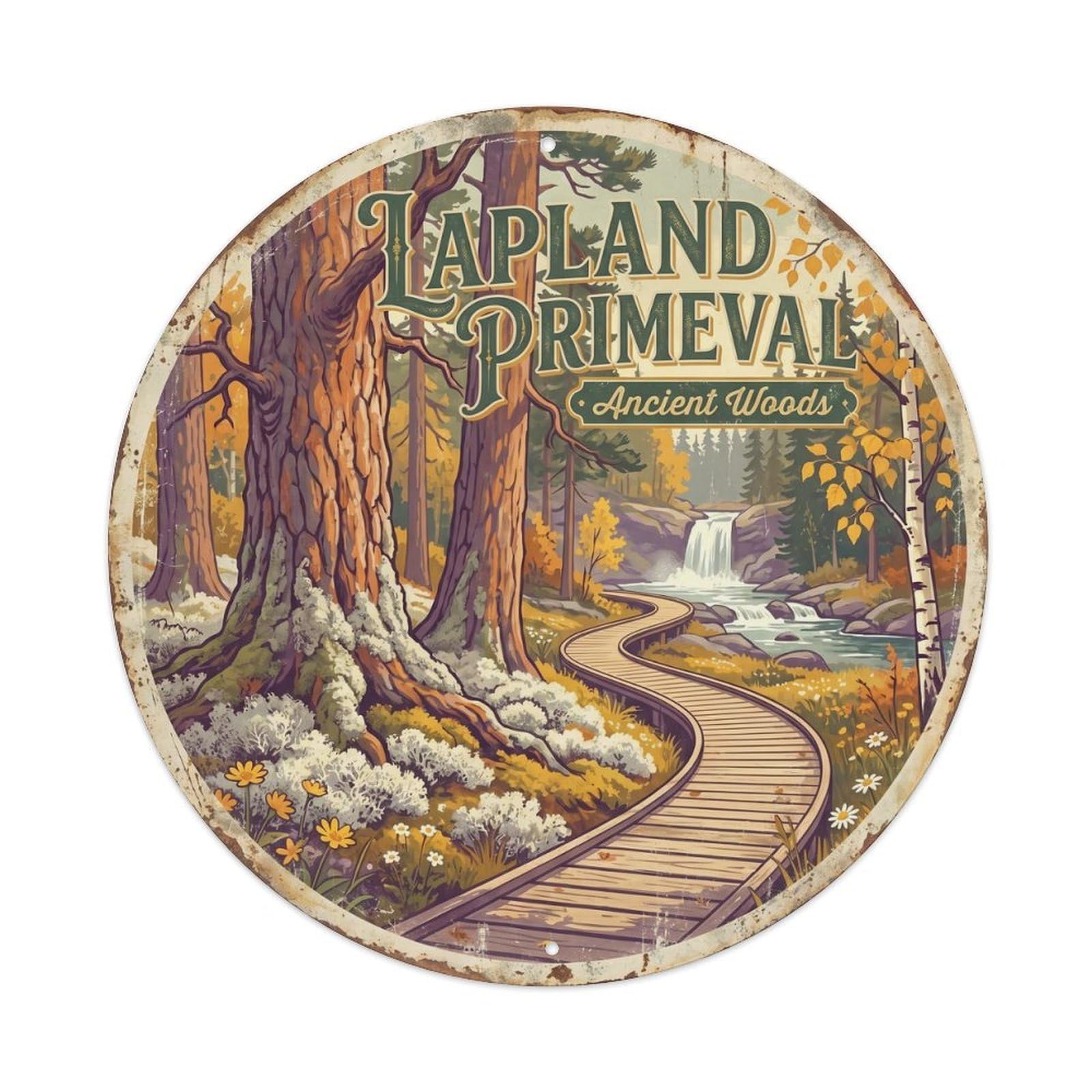 Vintage Travel Finnish Lapland Forest Primeval Metal Tin Sign Plaque Wall Decor for Cafe, Club, Garden Round Metal Poster 8x8Inch