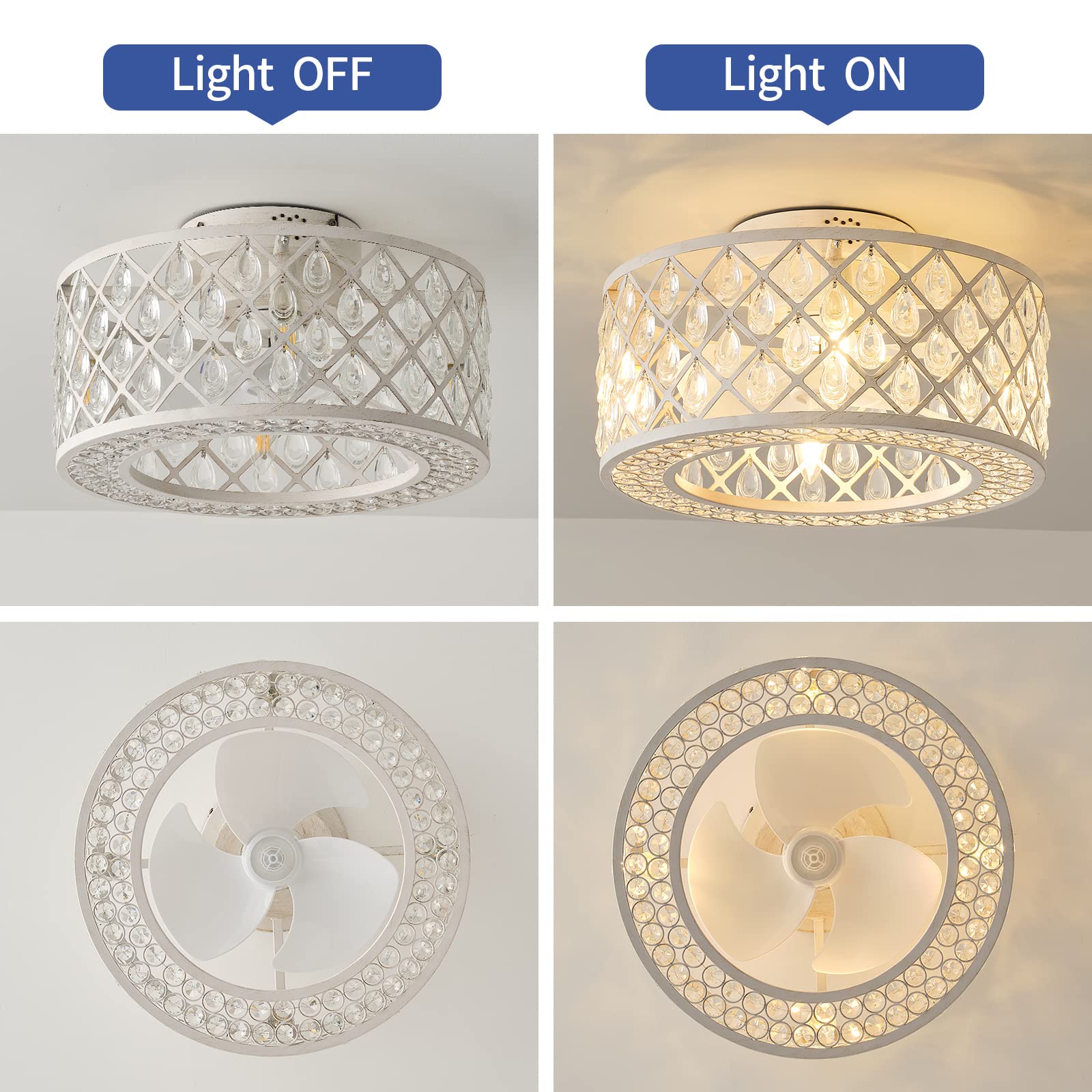 Oiotwo 18-Inch Crystal Fan Light, Lantern-Shaped Industrial Chandelier, with Remote Control, Suitable for Indoor Places Such as Room and Living Room, Including Bulb (White)
