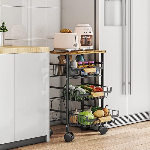 Wisdom Star Cesta de frutas de 4 niveles para cocina, carrito de almacenamiento de verduras con mesa de madera, cesta de verduras para cebollas y