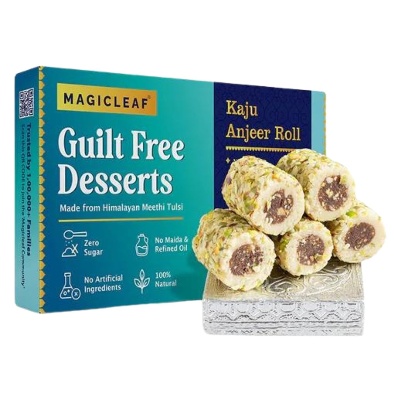 Magic Leaf Sugar Free Kaju Anjeer Roll Dessert - 300 gm | Freshly Made Indian Sweets, Sugarfree Mithai Sweets Gift Box, Sweetened with Stevia, No Refined Oil