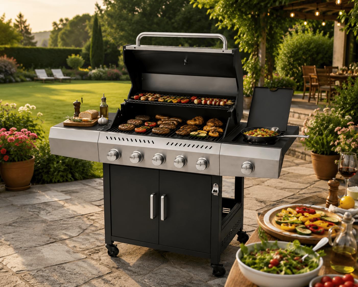 Barbecue a Gas Professionale XXL Da 19 kW con 6 Bruciatori in Acciaio Inox 304 Con Fuoco Laterale Termometro Coperchio Doppio Griglia Di Cottura 70 x 42 Cm Scaldavivande Ruote 140 × 50 × 120 Cm Nero