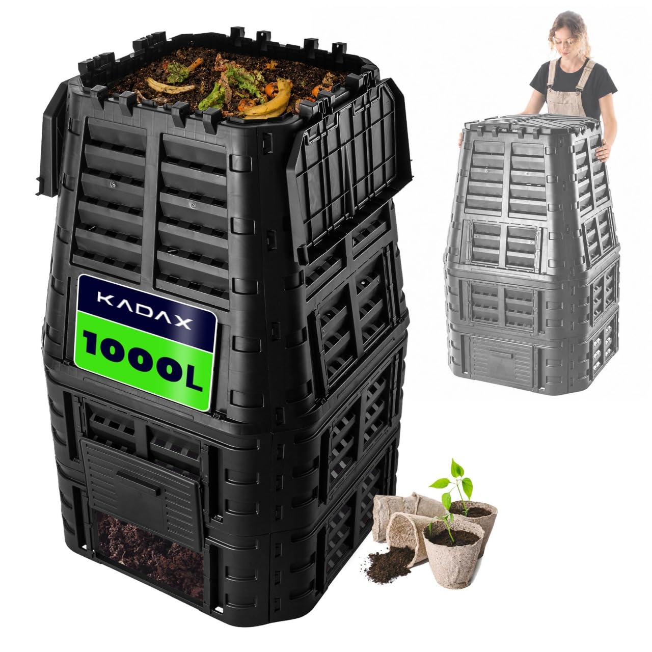 KADAX - Compostador de jardín 1000L, una solución ecológica y práctica para transformar sus residuos orgánicos en fertilizante natural, bandeja de compost (Negro)