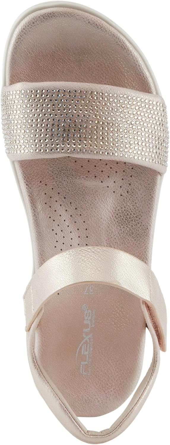 Flexus Women's QUINTESSA Ankle Strap Sandals – Rhinestone Embellished, Arch Support, Hook & Loop Closure