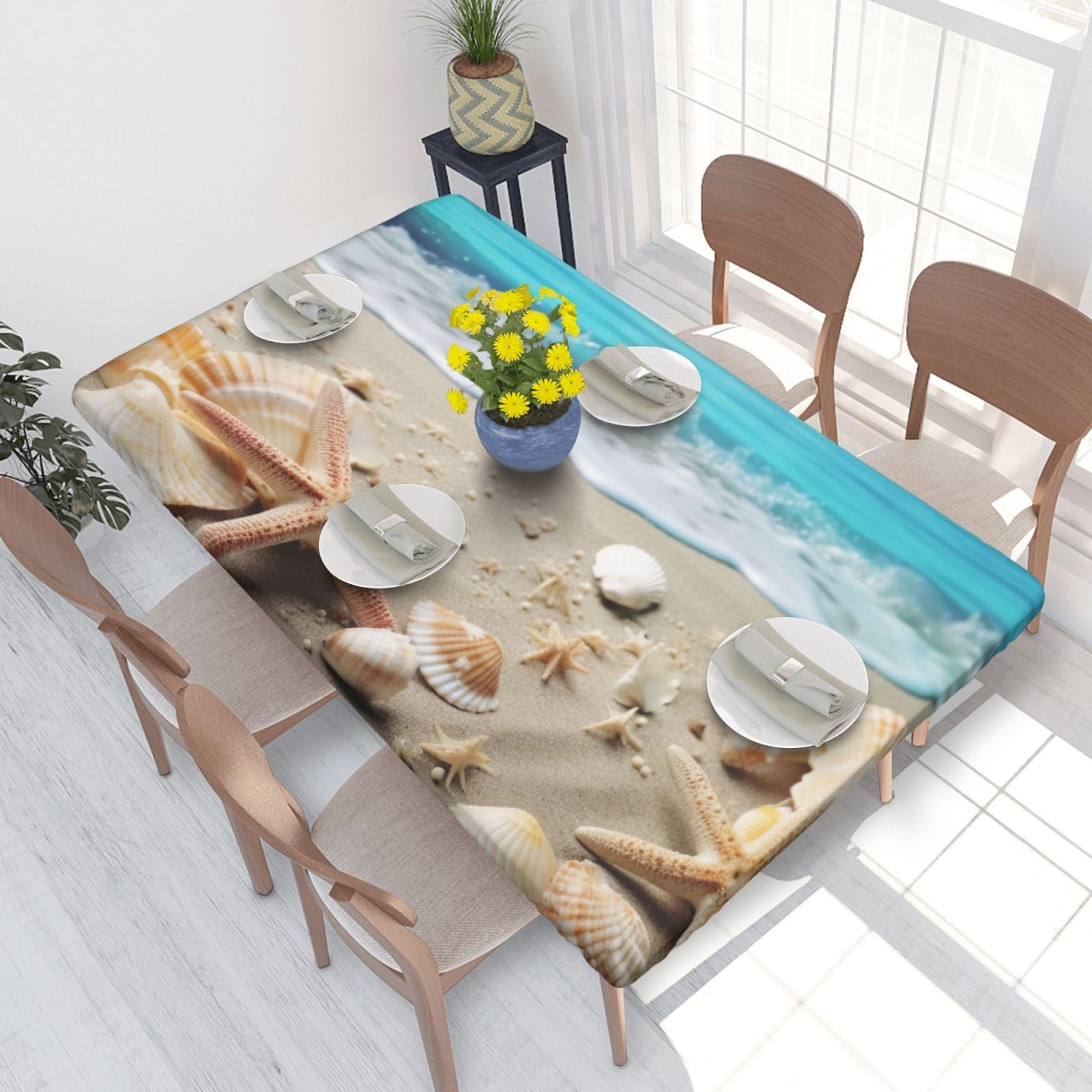 DCARSETCV Sea Beach Seashells Printed 4FT Waterproof Tablecloth with Elastic Edged Protect & Decor Your Table, Oil-proof Washable Table Cloth Cover for Dinner Picnic Party