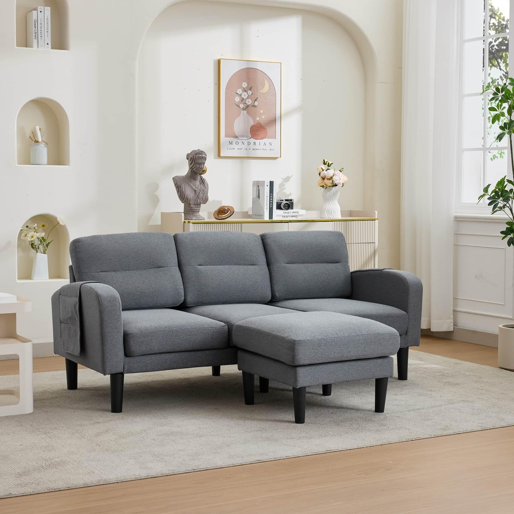 YEHTOKHOME Canapé d'angle en L à 3 Places avec Repose-Pieds,Gris