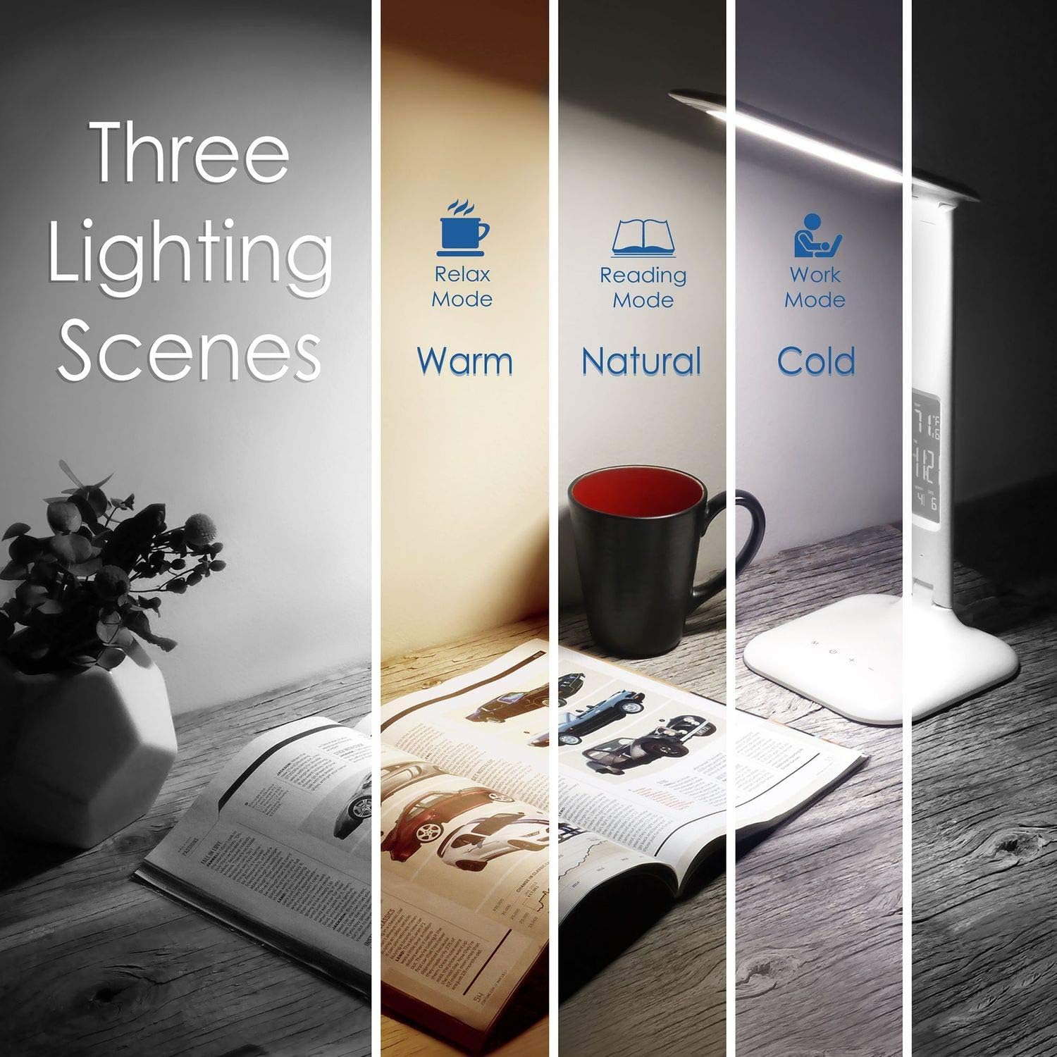 UL Certified 180 Degree Adjustable LED Desk Lamp, Table Lamp with 3 Color Temperatures, 5-level Dimmer, Built in LCD Display Temperature, Clock, Calendar with 5V USB Charging Port