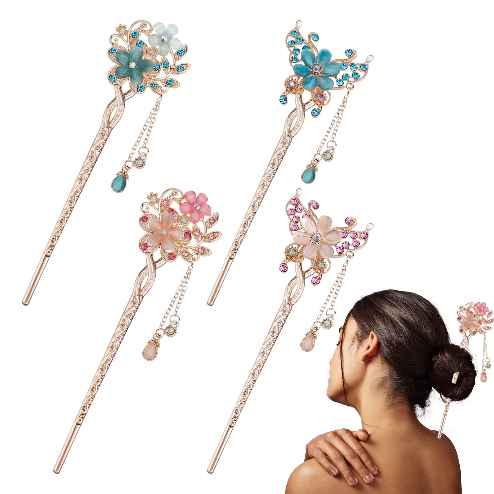4 Pack Rhinestone Flower Hair Stick for Buns Chinese Flower Hair Chopsticks Vintage Tassel Hair Stick Styling Girls's Gifts Accessories for Women and Girls Long Hairs…