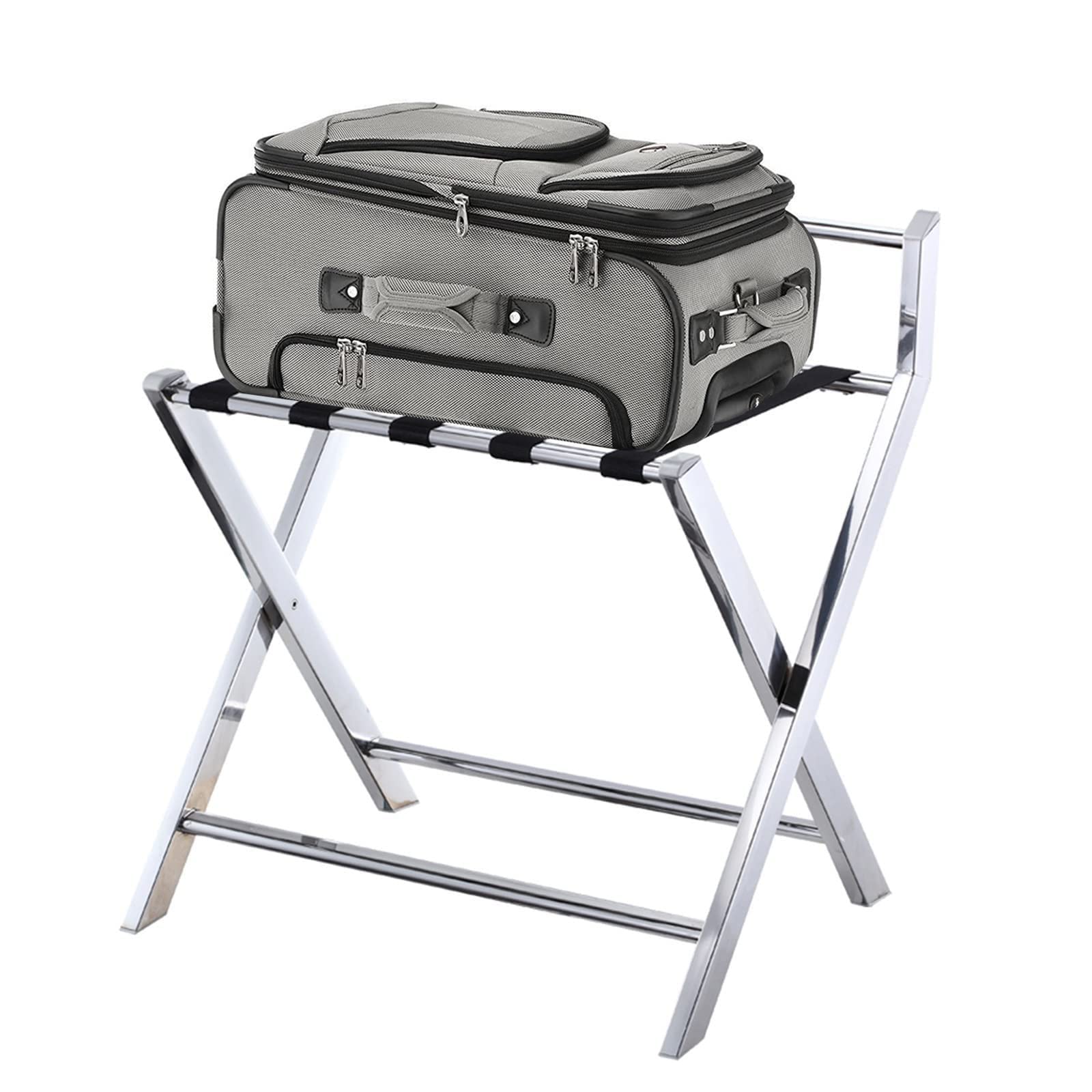 Portaequipajes Plegable de Acero Inoxidable para Hotel, Bandeja para Maletas con Respaldo y Zapatero, Ideal para el hogar, Dormitorio o habitación de Invitados.,Silver