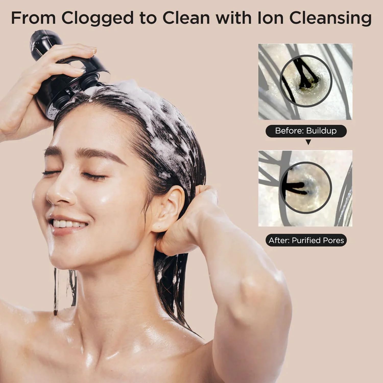 Woman using MYTREX Head Spa Deep X on her scalp with shampoo, showing before and after images of purified pores.