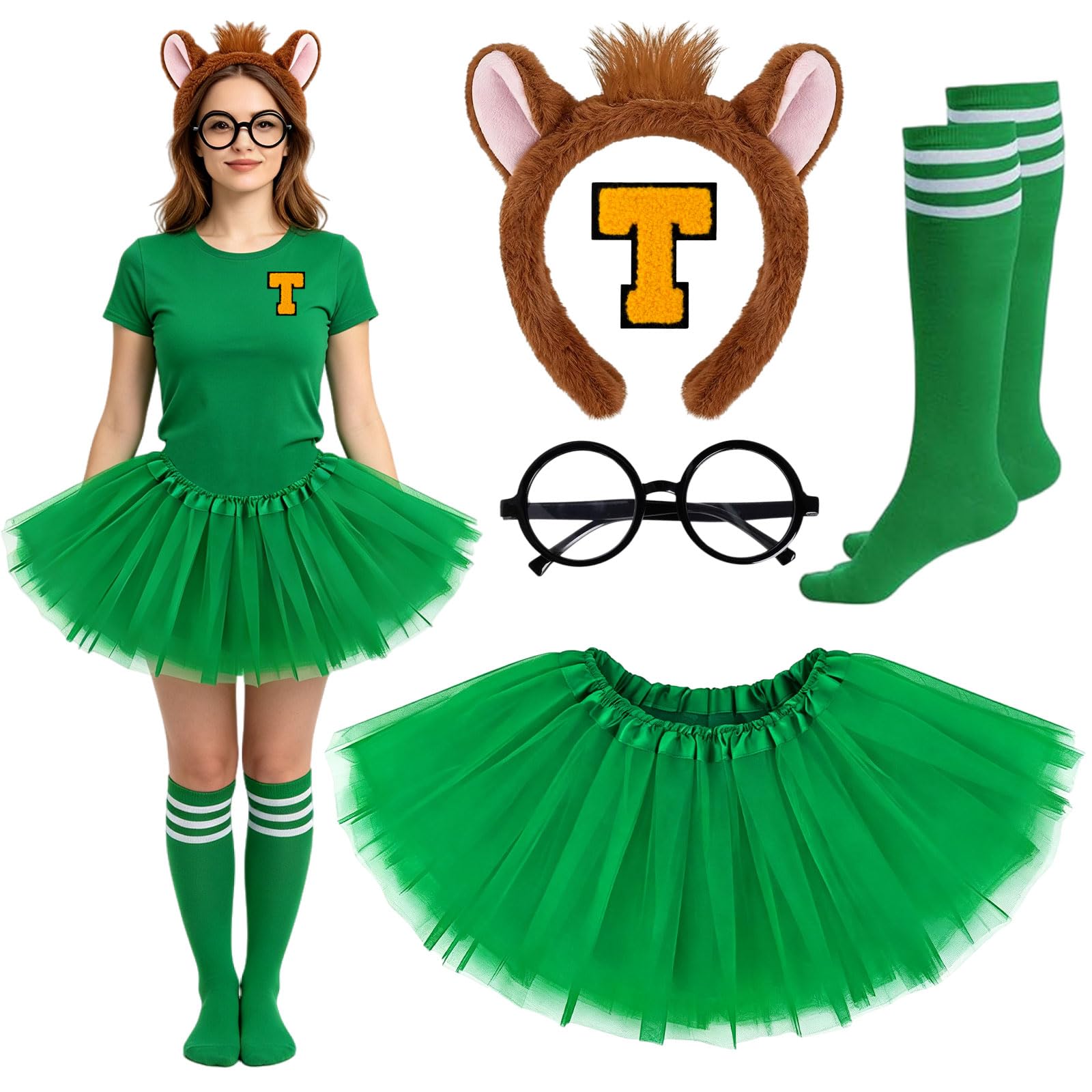 5pcs Chipmunk Costume Set with Headband Glasses Tutu Skirt Socks (Green)
