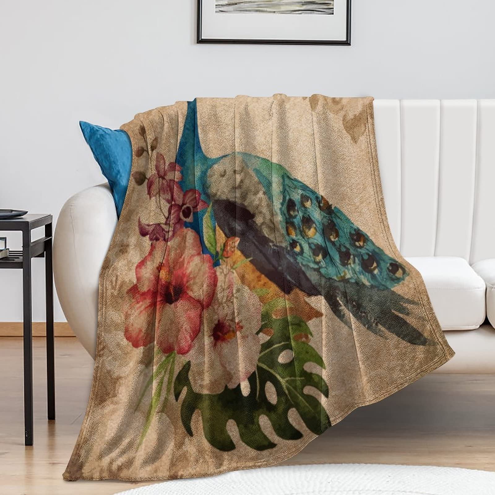 Couverture en peluche motif paon pour vos soirées cocooning au salon