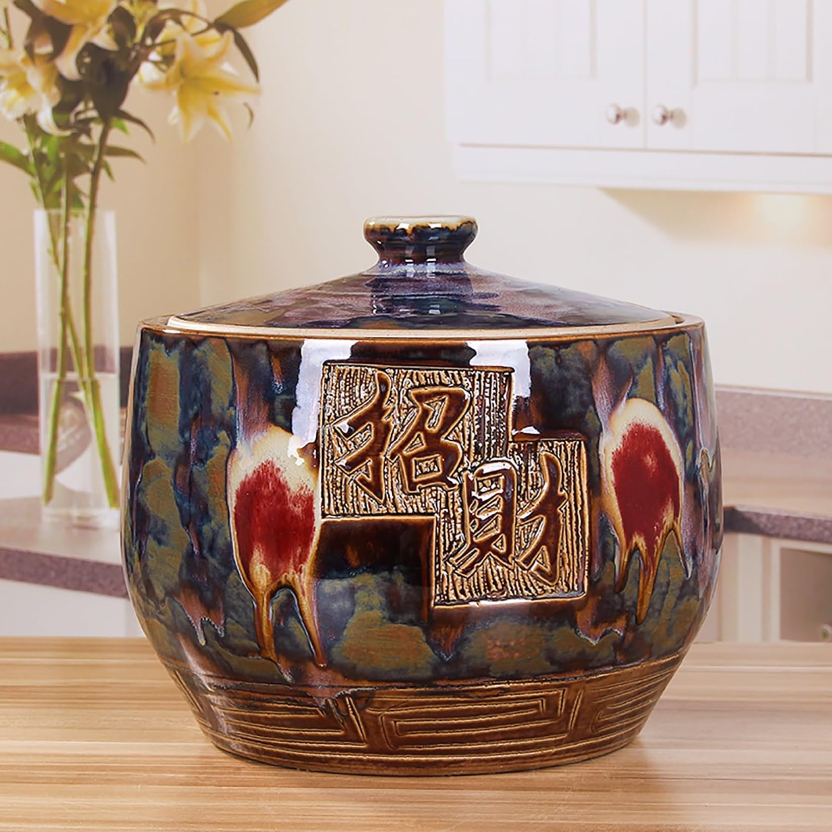 MMleYN 5/10/15KG Airtight Ceramic Rice Jar With Lid Multi-Purpose Storage Bucket For Tea Coffee Beans Nuts Grains Classic Porcelain Container Kitchen(D,15kg)