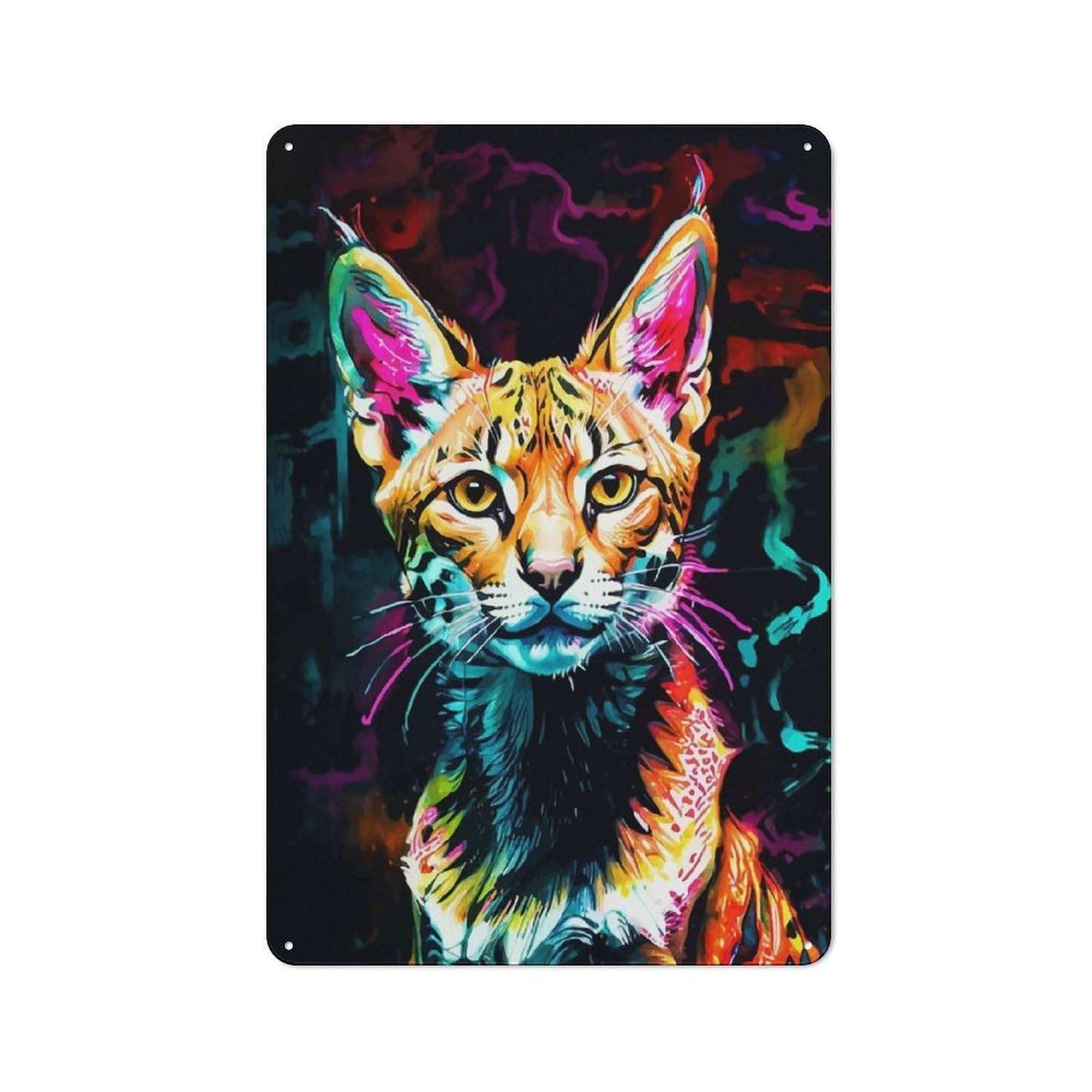 Bistro Style Neon Serval Portrait Decorative Metal Plaque 30x20cm, Bistro Wall Plaque for Tea Room, Shop Wall Or Breakfast Area