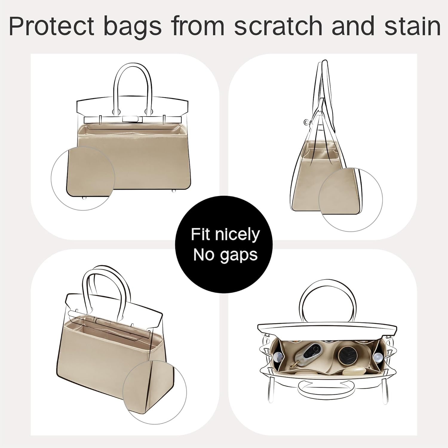 Fits for Brikin 30 Bag Insert, Premium Silk Purse Organizer Insert, Smooth Touch & Lightweight，Luxury Handbag Organizer with Gift Box Fits For Hermes(BK30 Sellier,Champagne/Etoupe Grey)