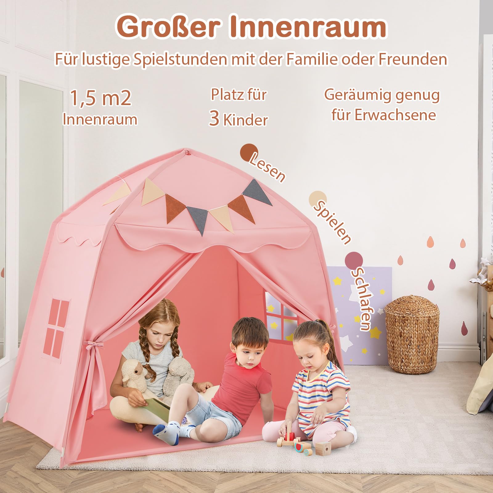 COSTWAY Spielhaus Kinder Indoor, Kinderzelt mit Flaggen & Lichterketten, Prinzessin Spielzelt, Großes Zelt Kinderzimmer für Jungen und Mädchen ab 3 Jahren, 157 x 98 x 148 cm (Rosa)