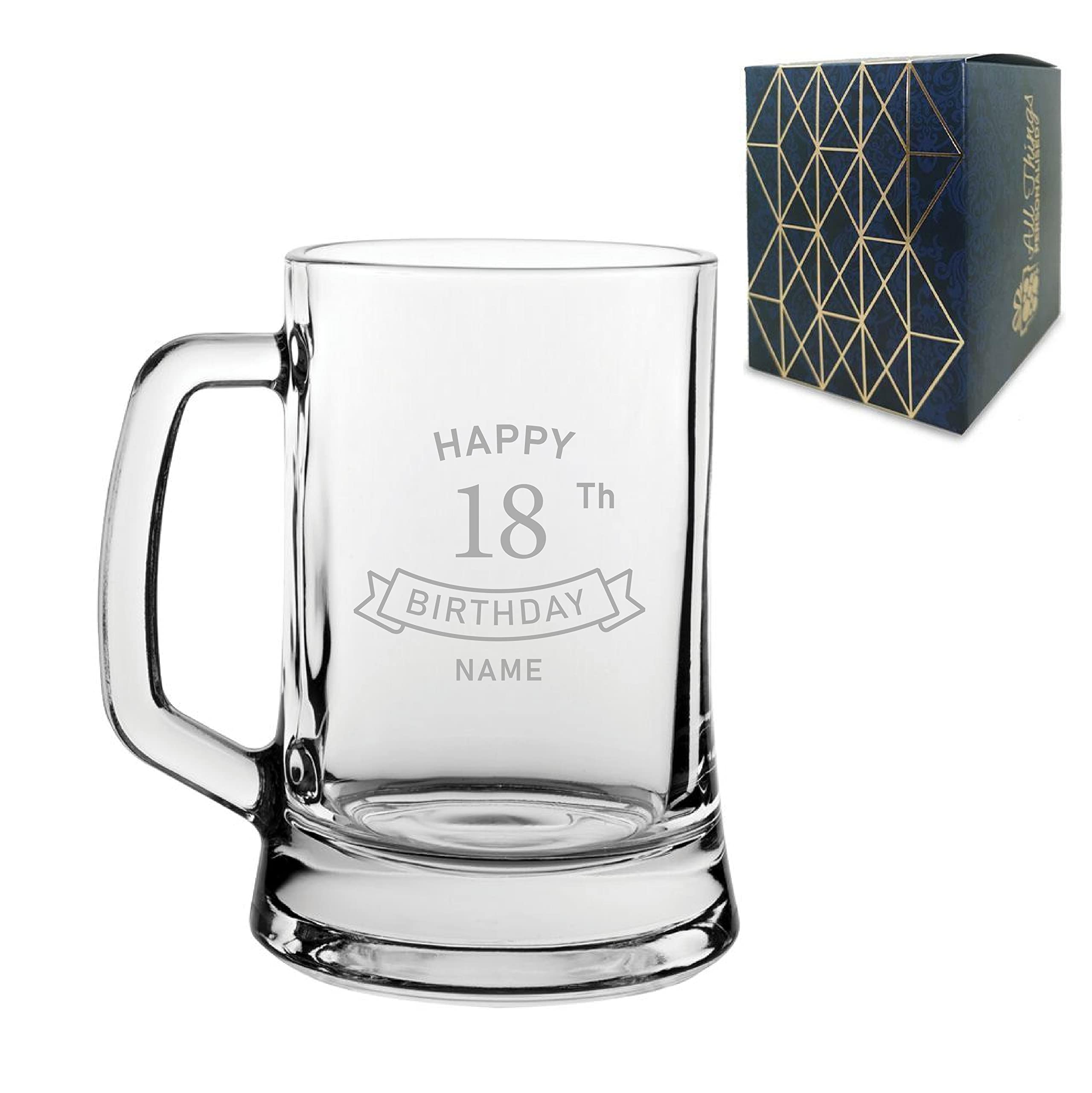 Personalised Engraved Tankard Beer Mug Stein Happy 18th Birthday Banner Design Gift Boxed, 16.75oz/495ml Classic Beer Glass, Any Name, Engraved in The UK