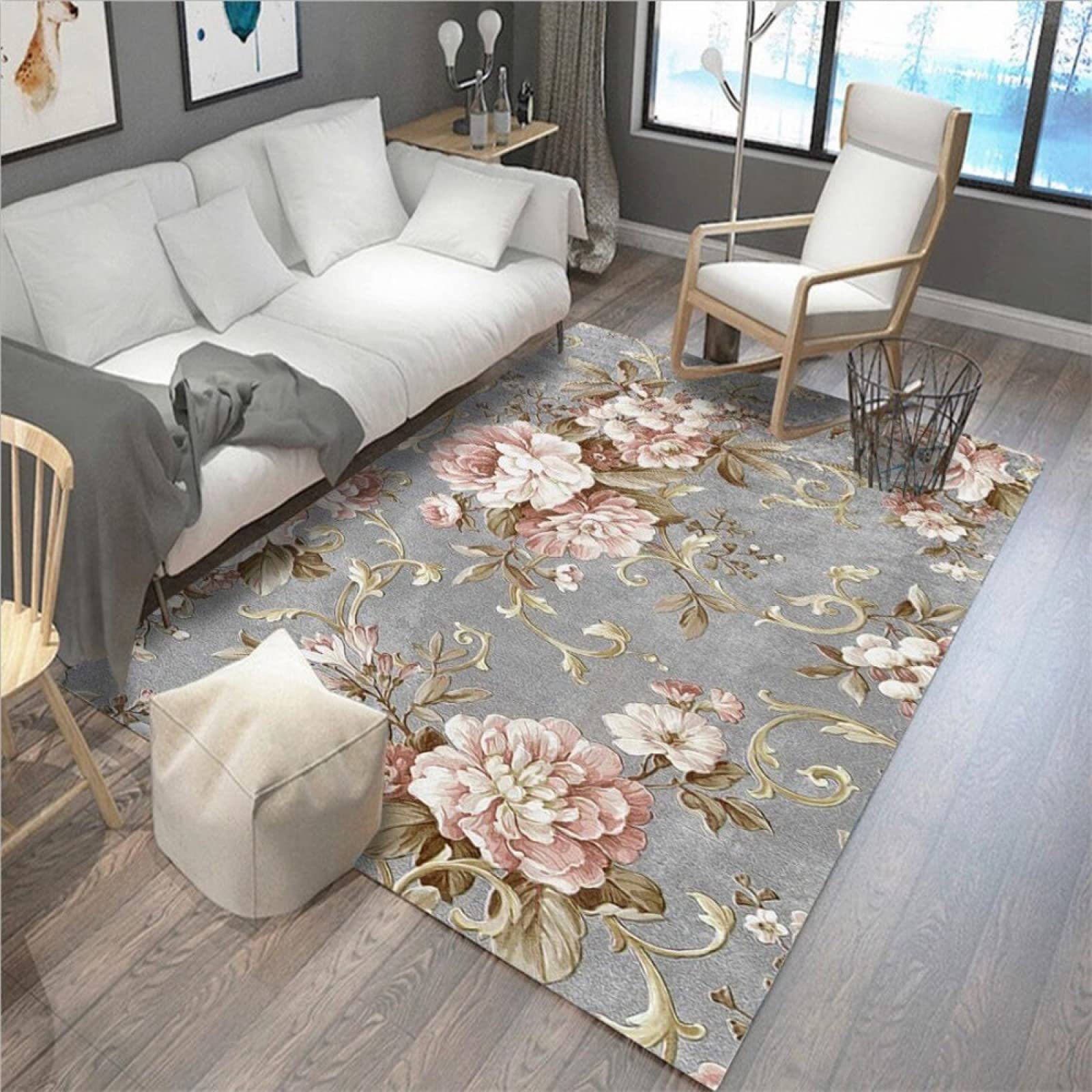 ESOUY Dywaniki domowe dywanik miękki dywan moda kwiat różowy szary salon sypialnia dywaniki przy łóżku 140 x 200 cm