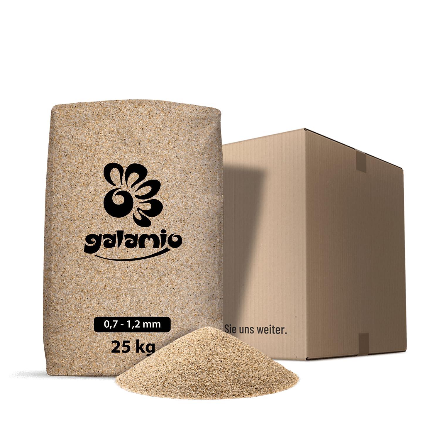 GALAMIO Quarzsand Paligo, Spielsand, Sandfiltersand, Poolsand, Rasensand, Vogelsand, Aquariumsand, Terrariensand, Teichsand, 0,7–1,2 mm, 25 kg Sack/1 Box