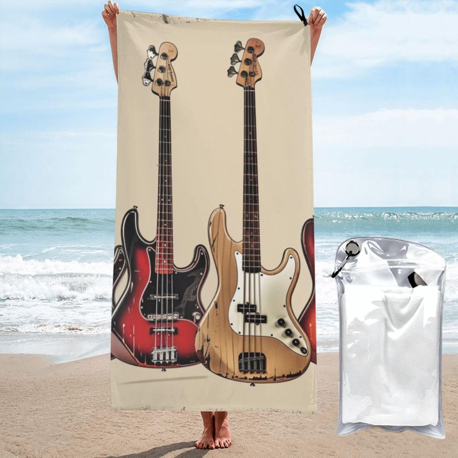 BWWHCCTI Guitar Bass Music Musical Instruments Printed Microfiber Quick Dry Beach Towel 80x160 CM, Fast Drying Bath Towels with Bags for Travel,Camping,Gym,Beach,Swimming,Yoga